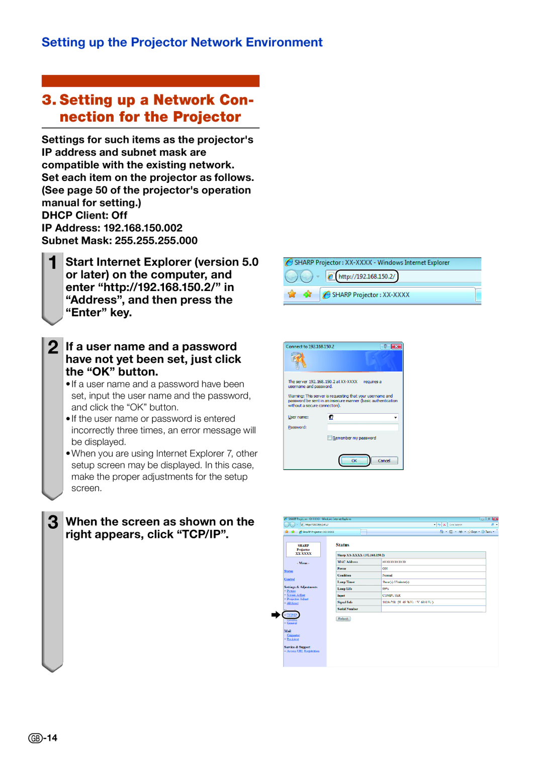 Sharp PG-D40W3D specifications Setting up a Network Con- nection for the Projector 