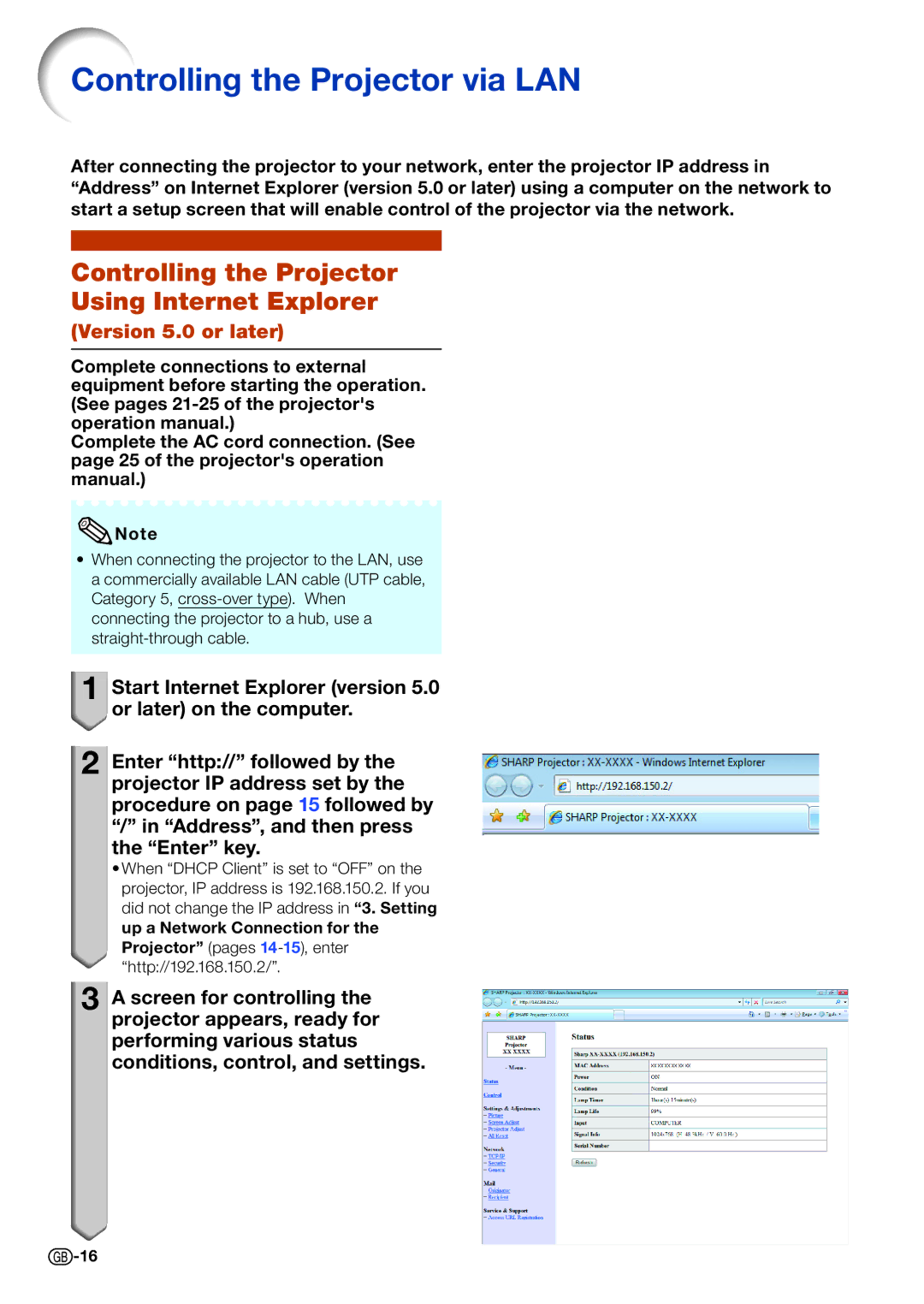 Sharp PG-D40W3D Controlling the Projector via LAN, Controlling the Projector Using Internet Explorer, Version 5.0 or later 