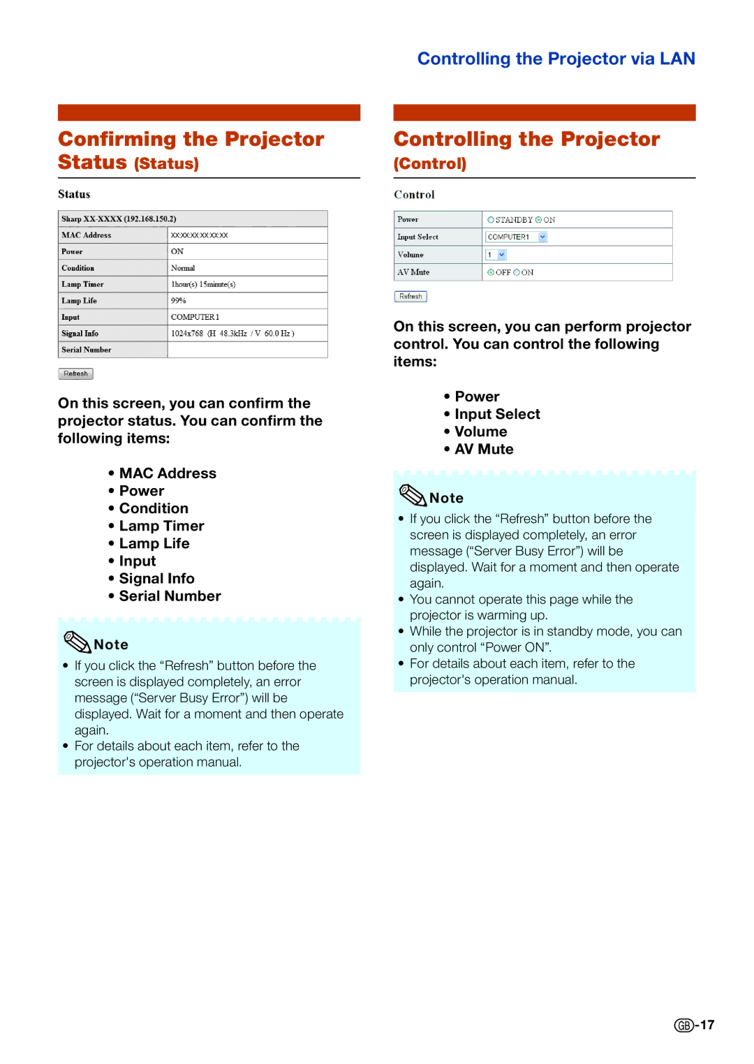 Sharp PG-D40W3D specifications Conﬁrming the Projector, Controlling the Projector, Status Status 