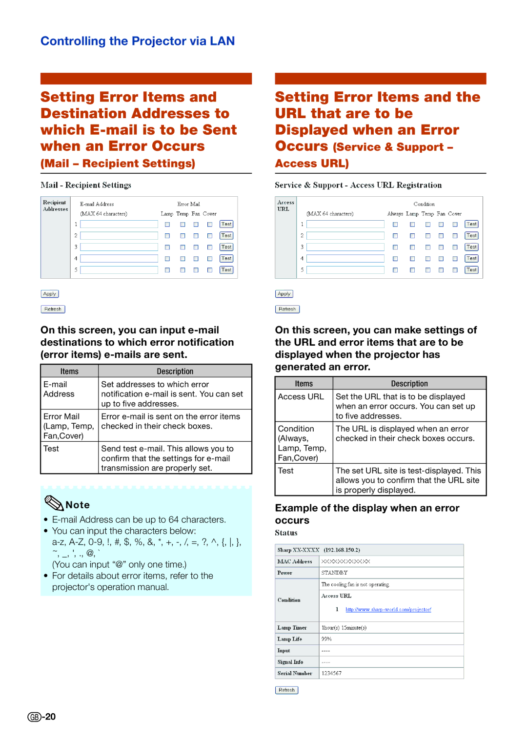 Sharp PG-D40W3D specifications Mail Recipient Settings, Access URL 