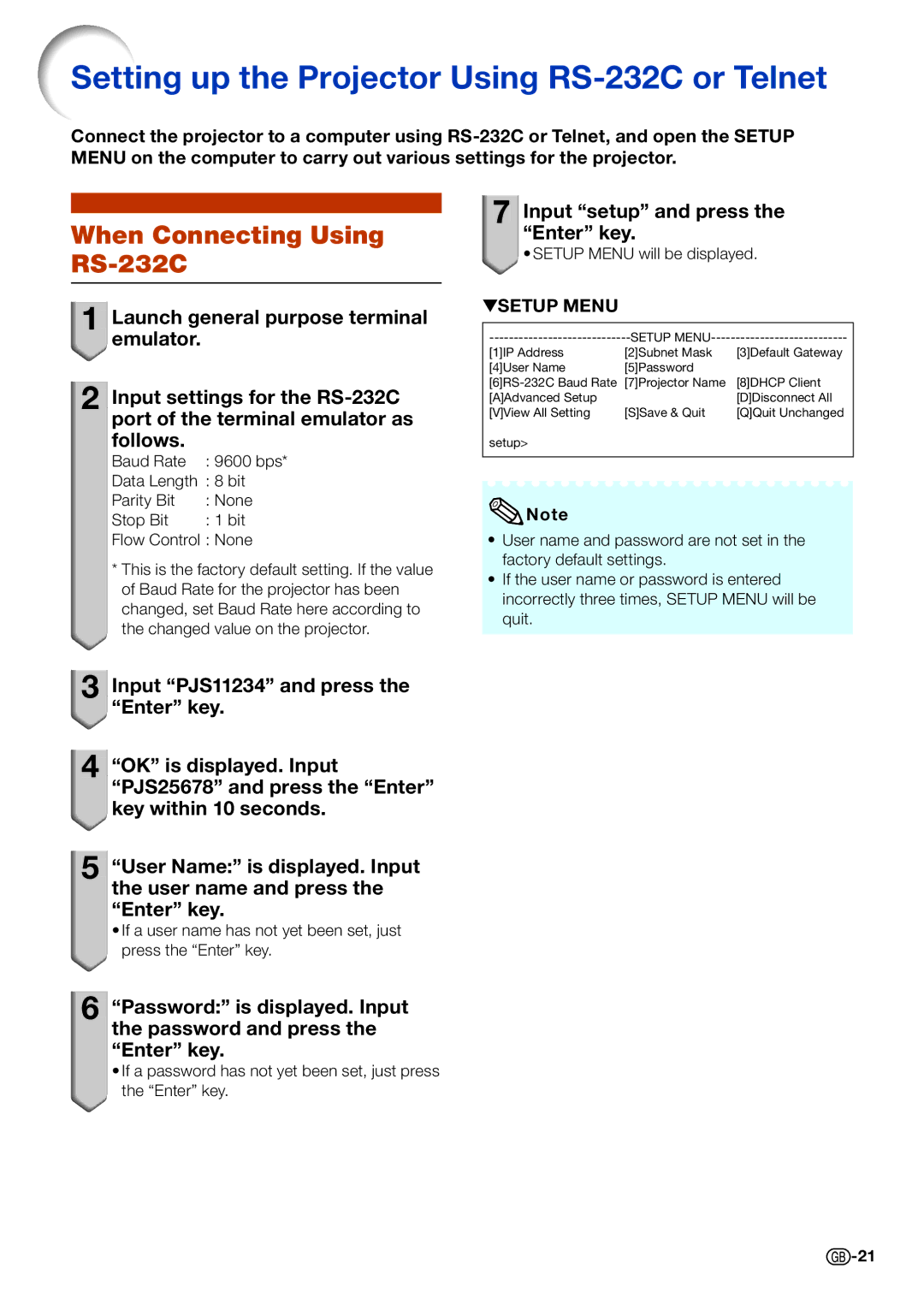 Sharp PG-D40W3D specifications Setting up the Projector Using RS-232C or Telnet, When Connecting Using RS-232C 