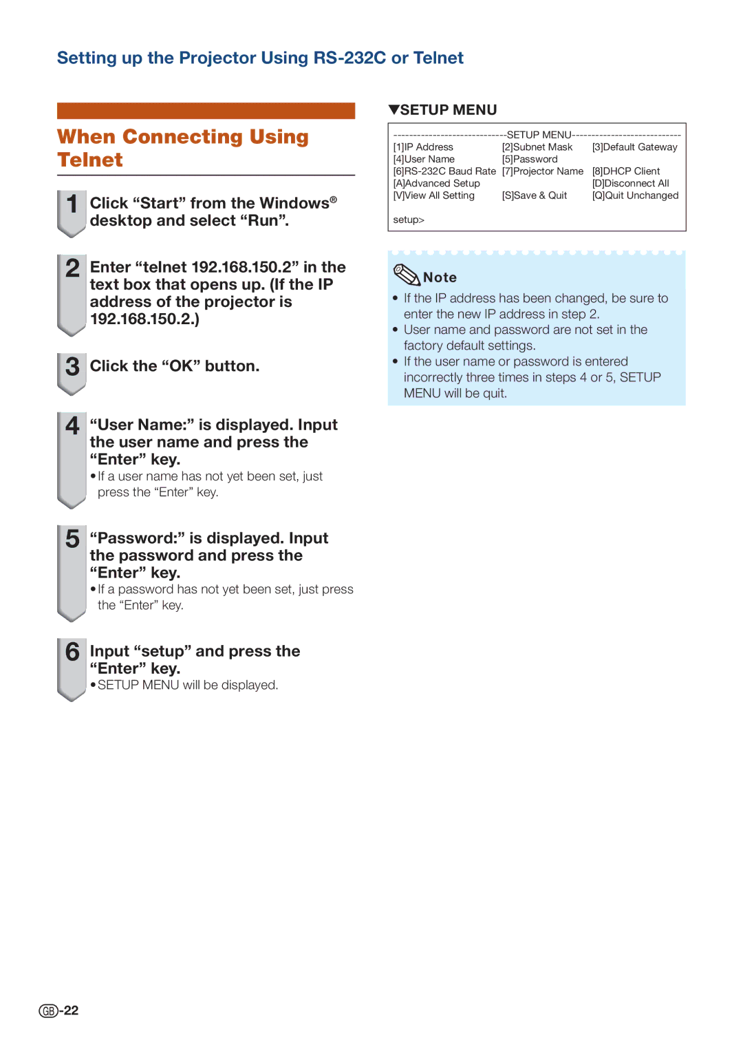 Sharp PG-D40W3D specifications When Connecting Using Telnet 