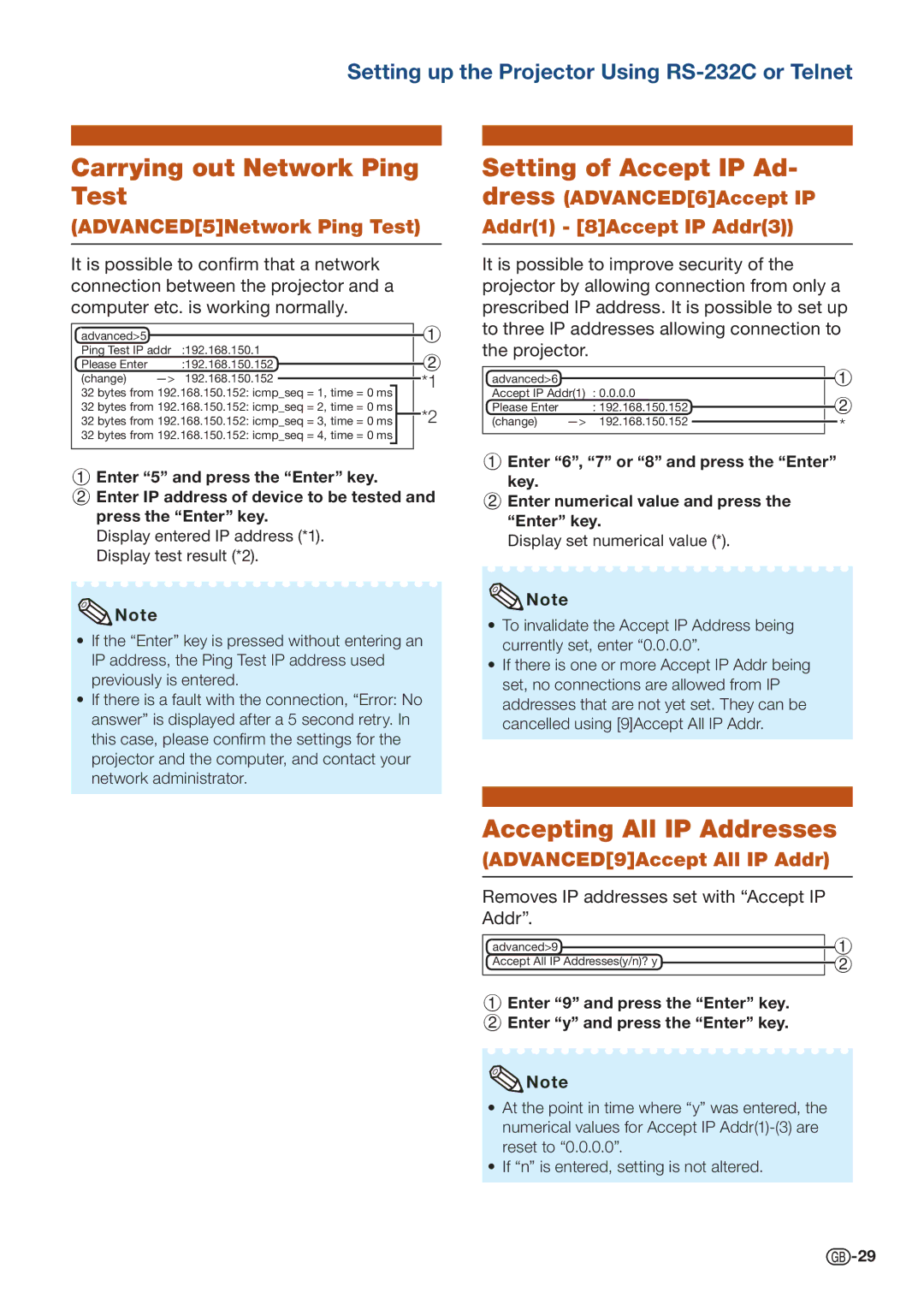 Sharp PG-D40W3D specifications Carrying out Network Ping Test, Setting of Accept IP Ad- dress, Accepting All IP Addresses 