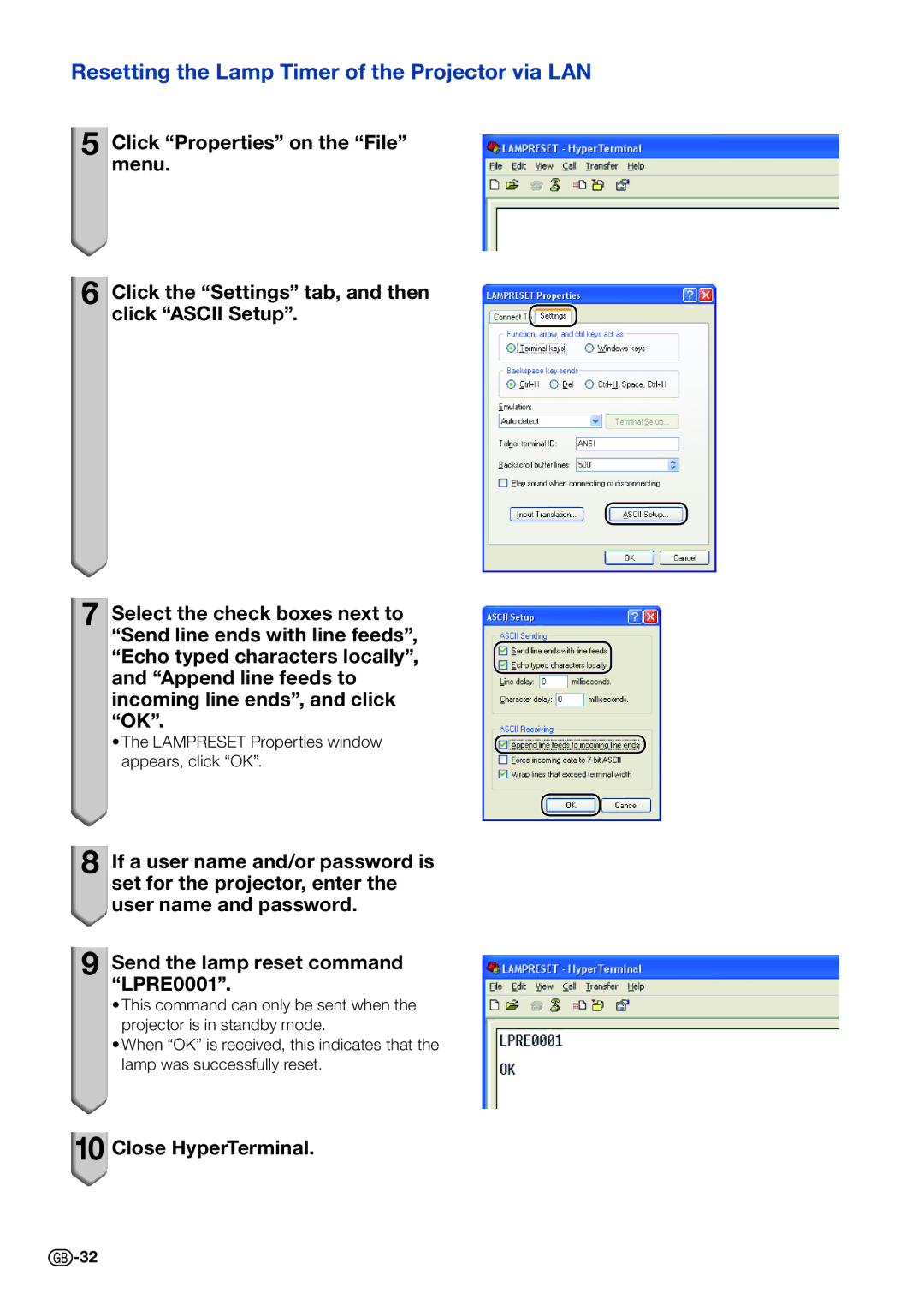 Sharp PG-D40W3D specifications Resetting the Lamp Timer of the Projector via LAN 