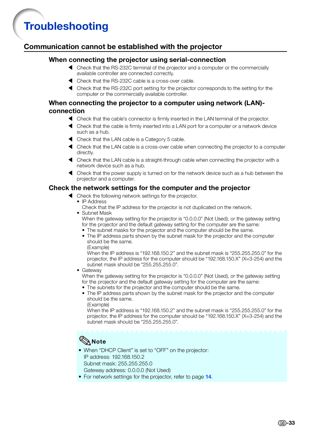 Sharp PG-D40W3D specifications Troubleshooting, Communication cannot be established with the projector 