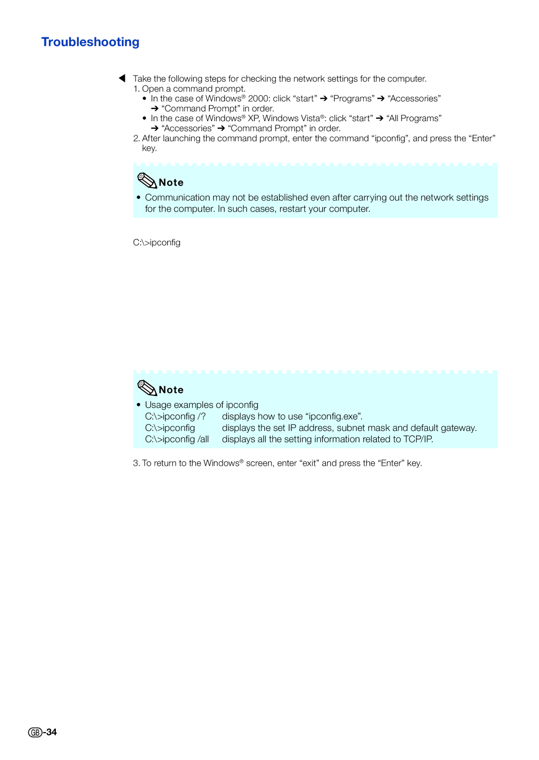 Sharp PG-D40W3D specifications Troubleshooting 