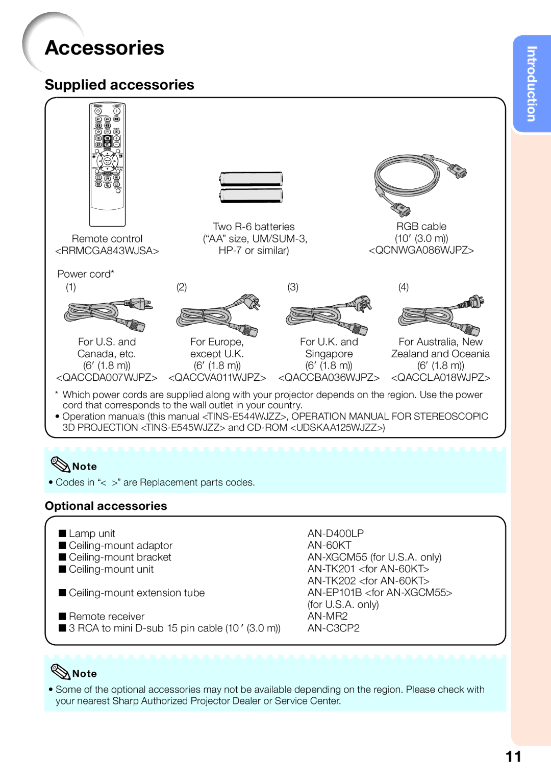 Sharp PG-D40W3D quick start Accessories, Optional accessories 