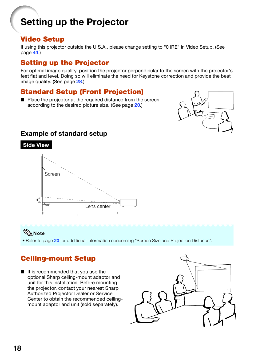 Sharp PG-D40W3D quick start Setting up the Projector, Video Setup, Standard Setup Front Projection, Ceiling-mount Setup 