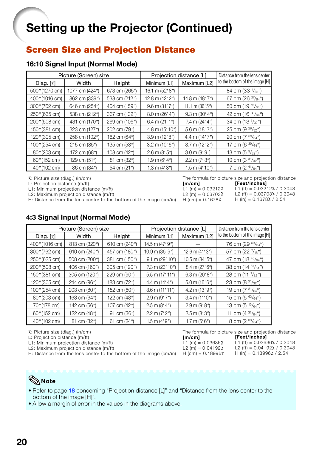 Sharp PG-D40W3D quick start Screen Size and Projection Distance, Signal Input Normal Mode 