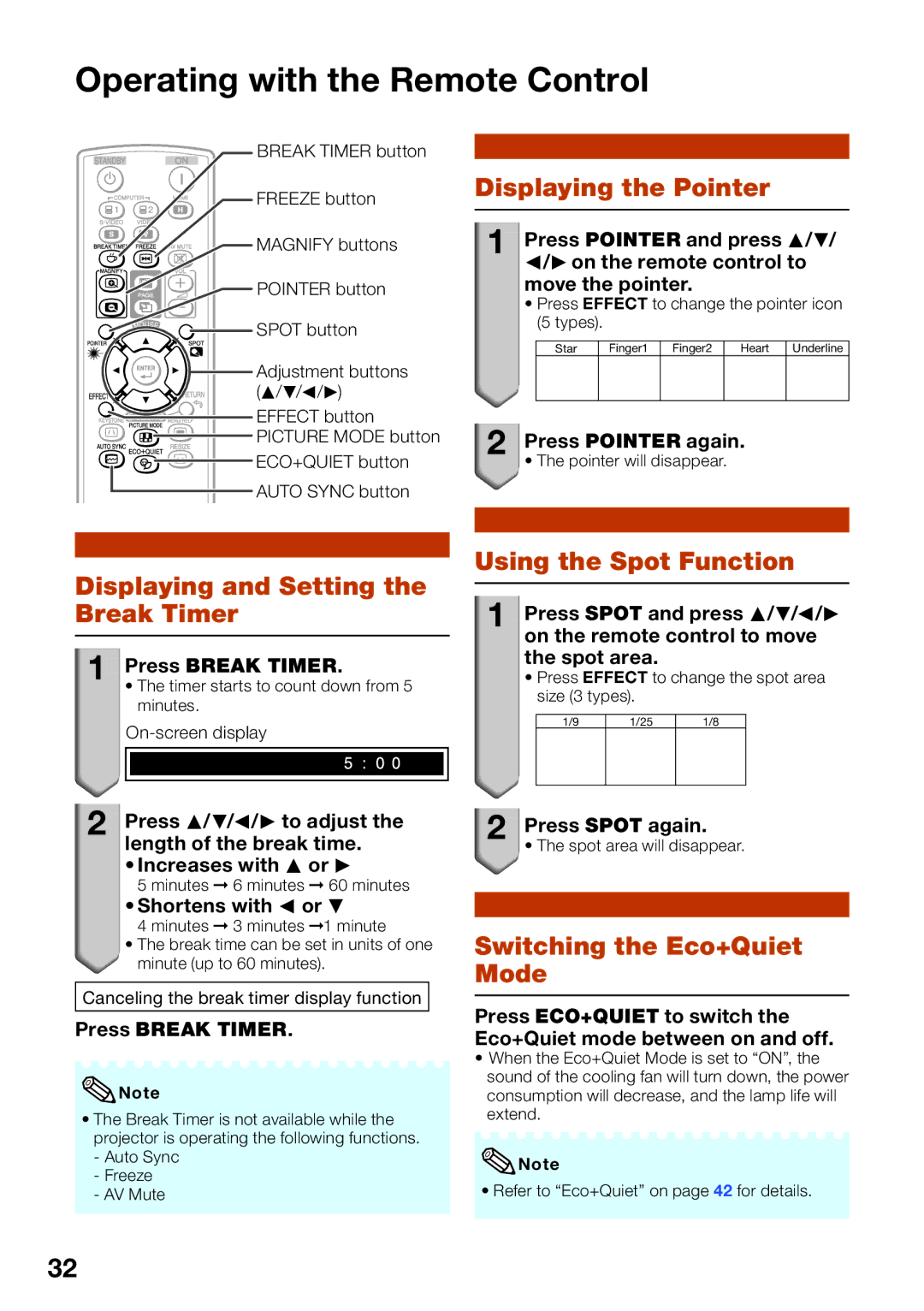 Sharp PG-D40W3D Operating with the Remote Control, Displaying and Setting the Break Timer, Displaying the Pointer 