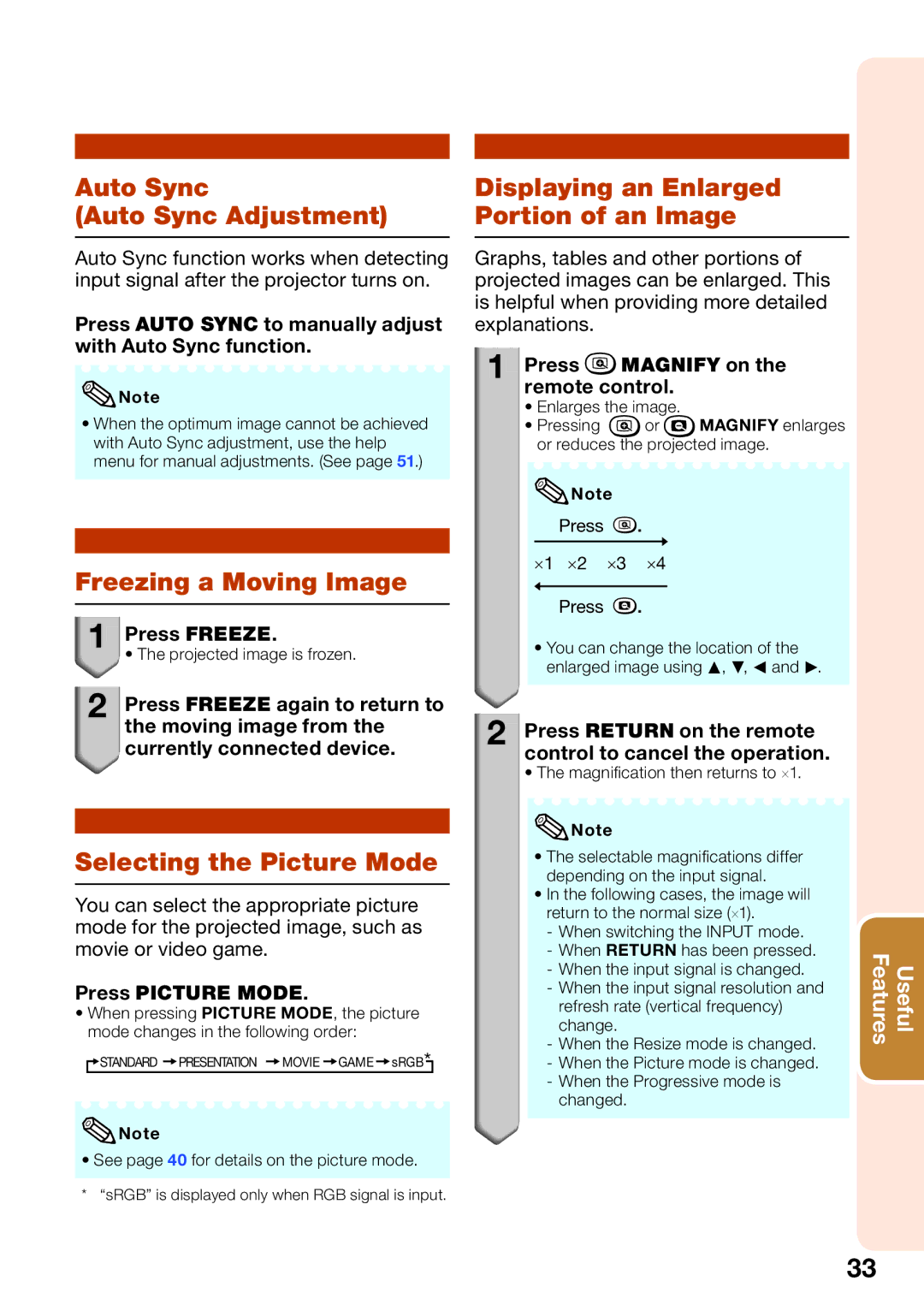 Sharp PG-D40W3D quick start Auto Sync Auto Sync Adjustment, Freezing a Moving Image, Selecting the Picture Mode 