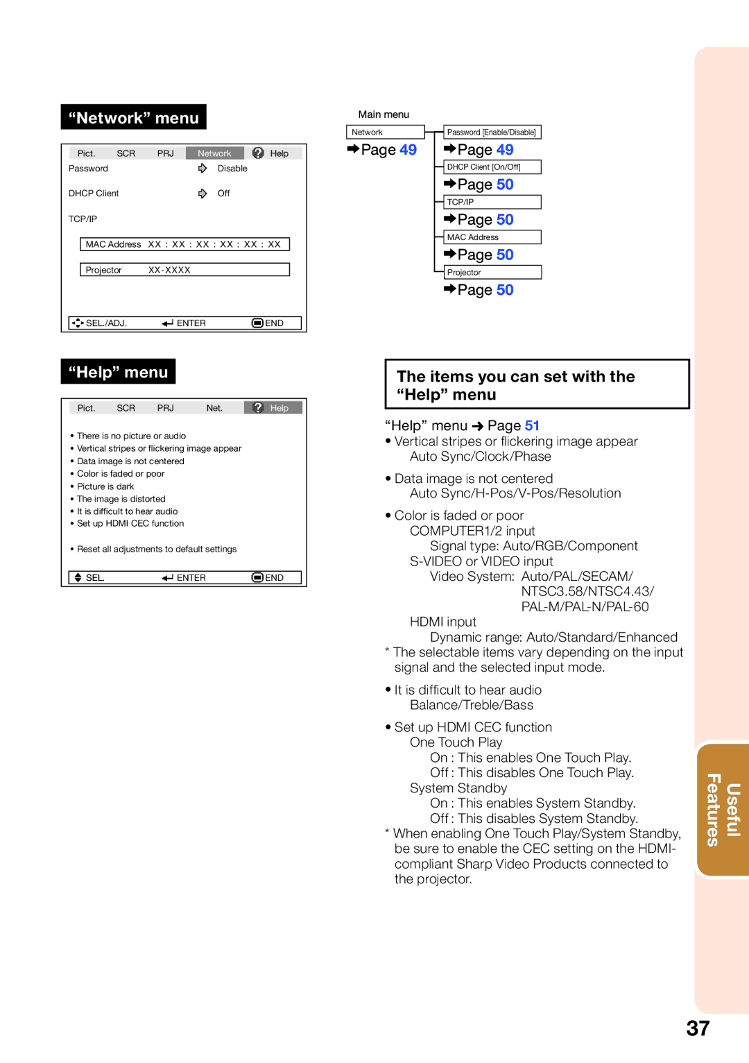 Sharp PG-D40W3D quick start Network menu, Items you can set with the Help menu, Help menu n 