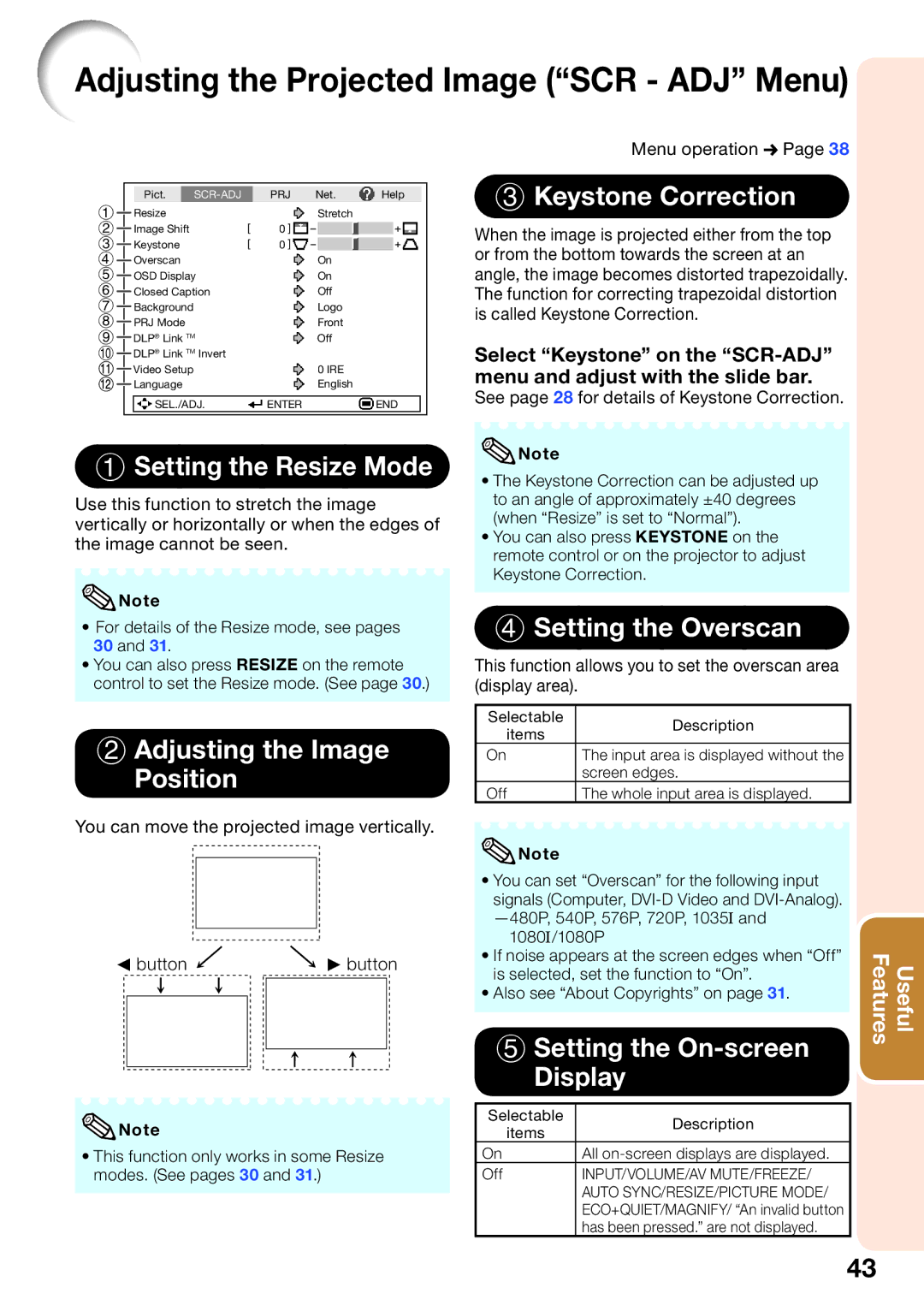 Sharp PG-D40W3D quick start Adjusting the Projected Image SCR ADJ Menu 