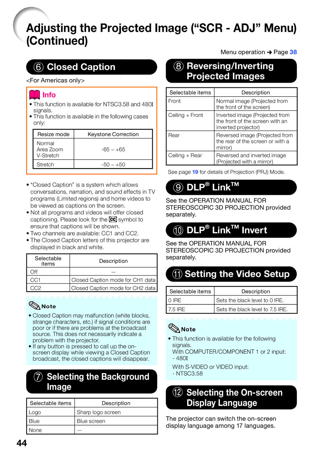 Sharp PG-D40W3D Closed Caption, Reversing/Inverting Projected Images, Selecting the Background Image, For Americas only 