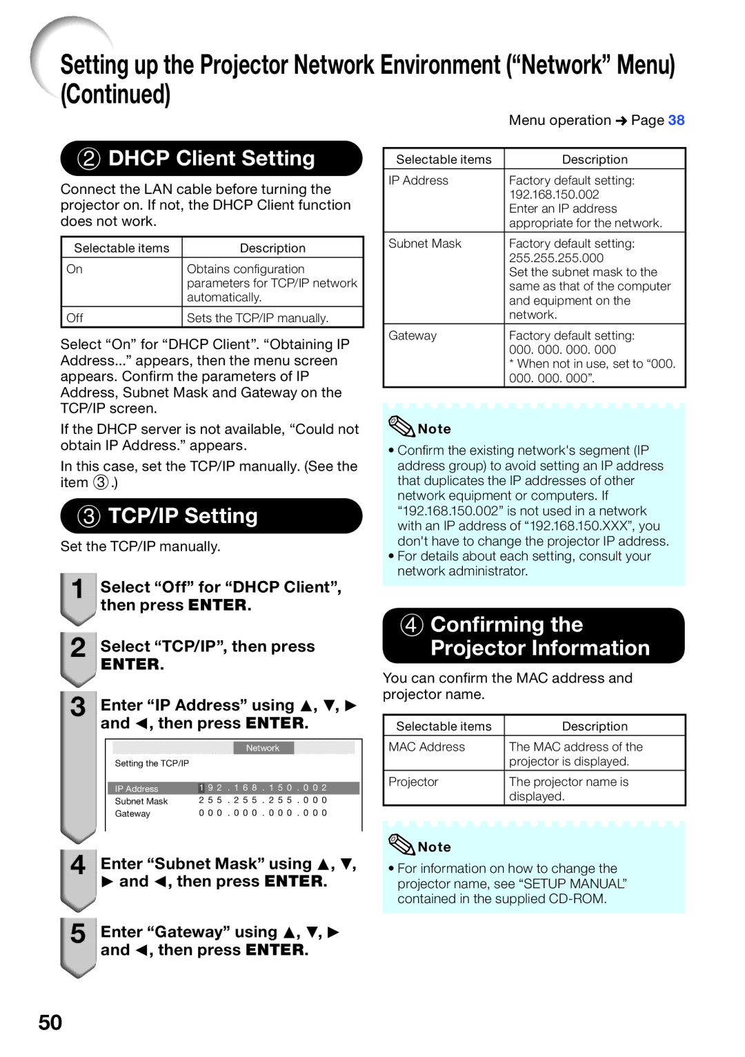 Sharp PG-D40W3D quick start Setting up the Projector Network Environment Network Menu, Dhcp Client Setting, TCP/IP Setting 