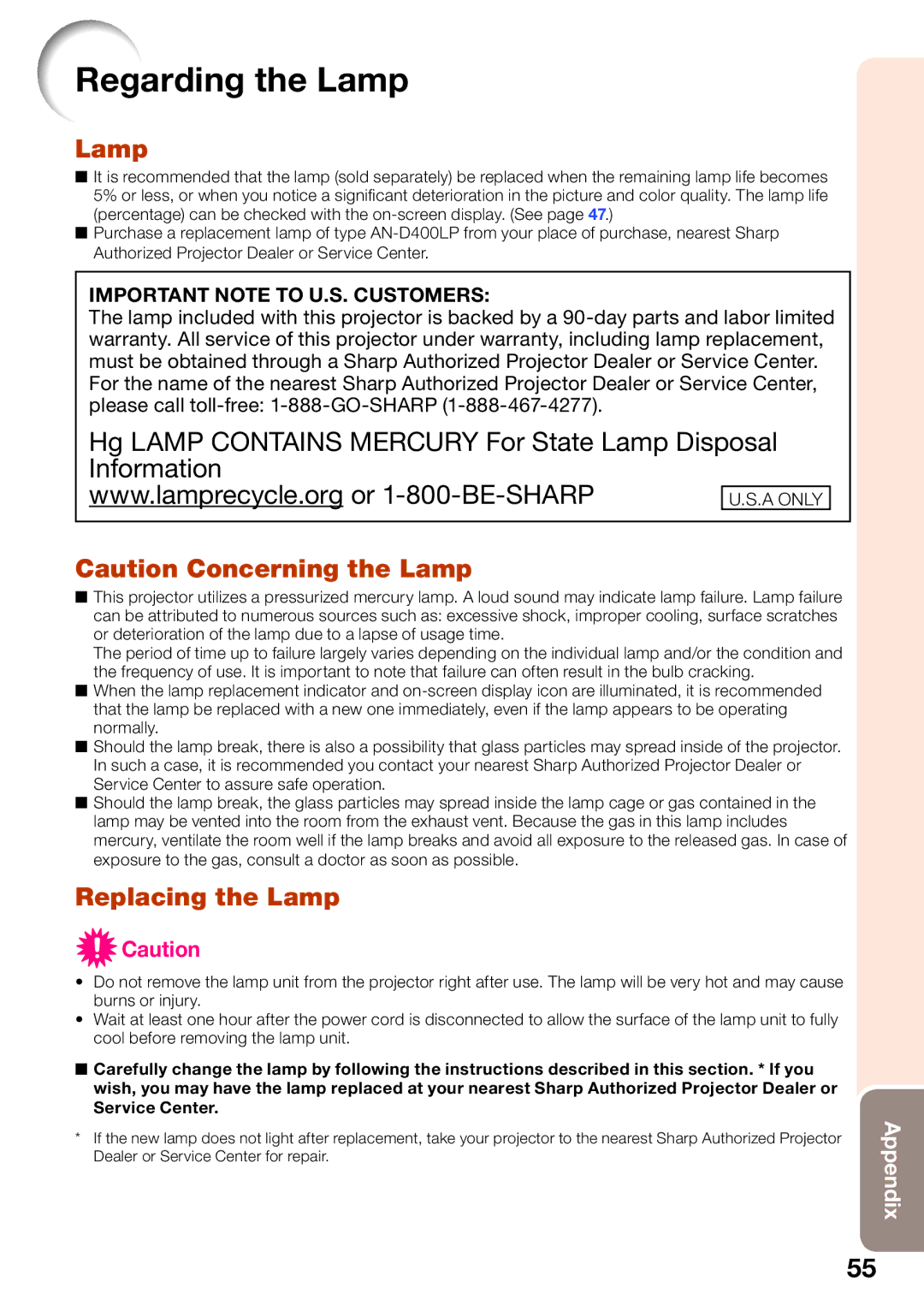 Sharp PG-D40W3D quick start Regarding the Lamp, Replacing the Lamp 