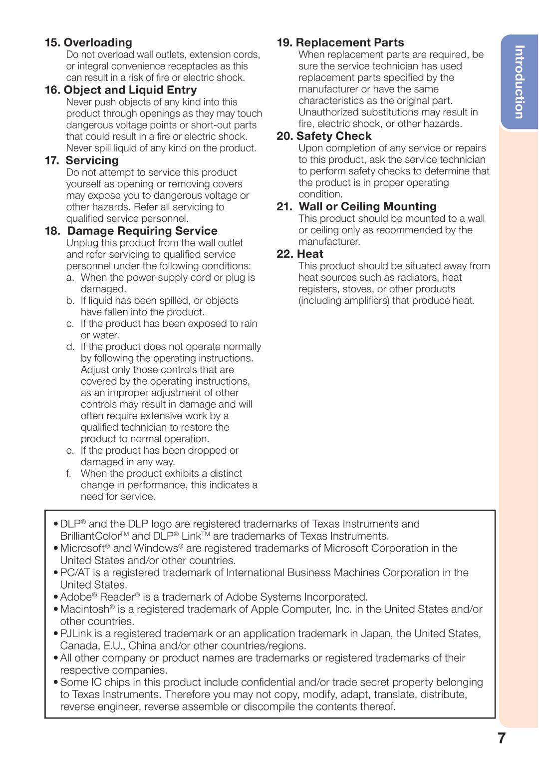 Sharp PG-D45X3D Overloading, Object and Liquid Entry, Servicing, Damage Requiring Service, Replacement Parts, Safety Check 