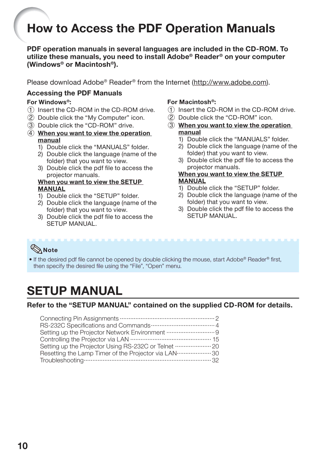 Sharp PG-D45X3D quick start For Windows, When you want to view the Setup Manual, For Macintosh 