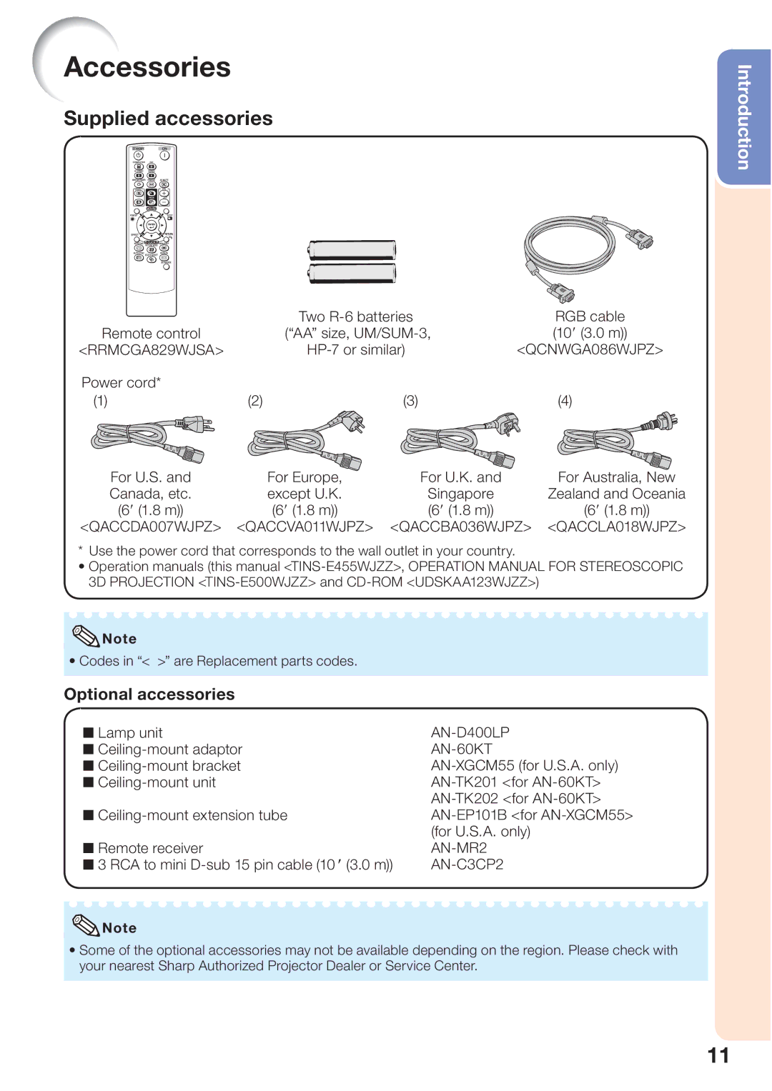 Sharp PG-D45X3D quick start Accessories, Optional accessories, RCA to mini D-sub 15 pin cable 10 n 3.0 m 