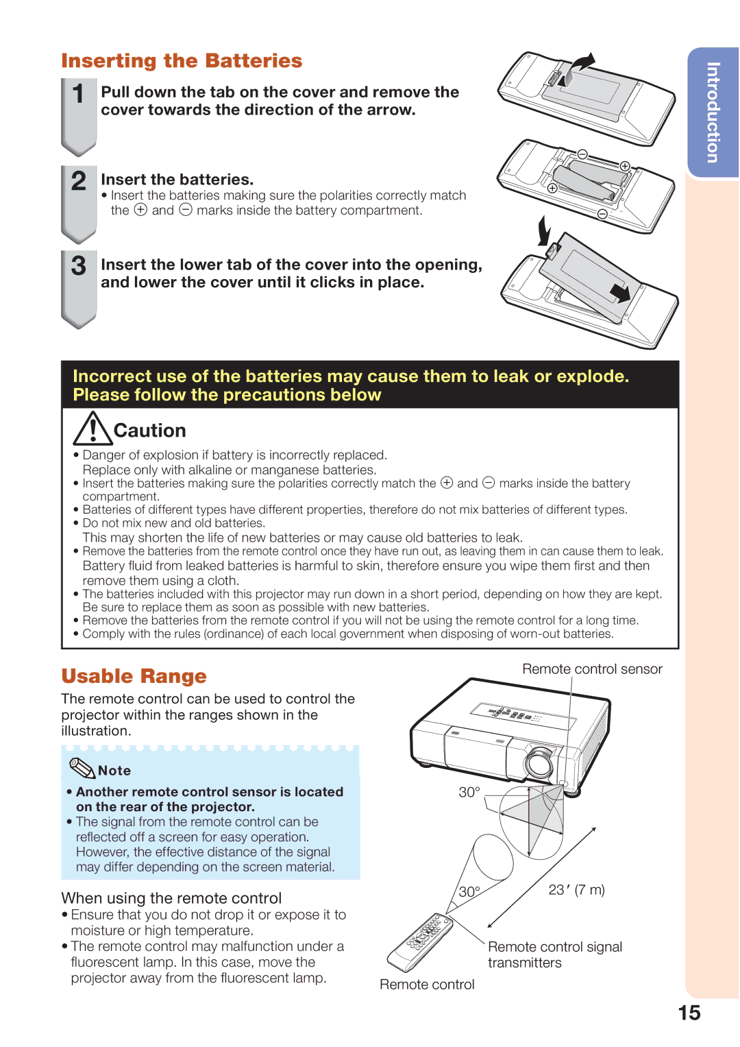 Sharp PG-D45X3D quick start Inserting the Batteries, Usable Range, Remote control signal transmitters 