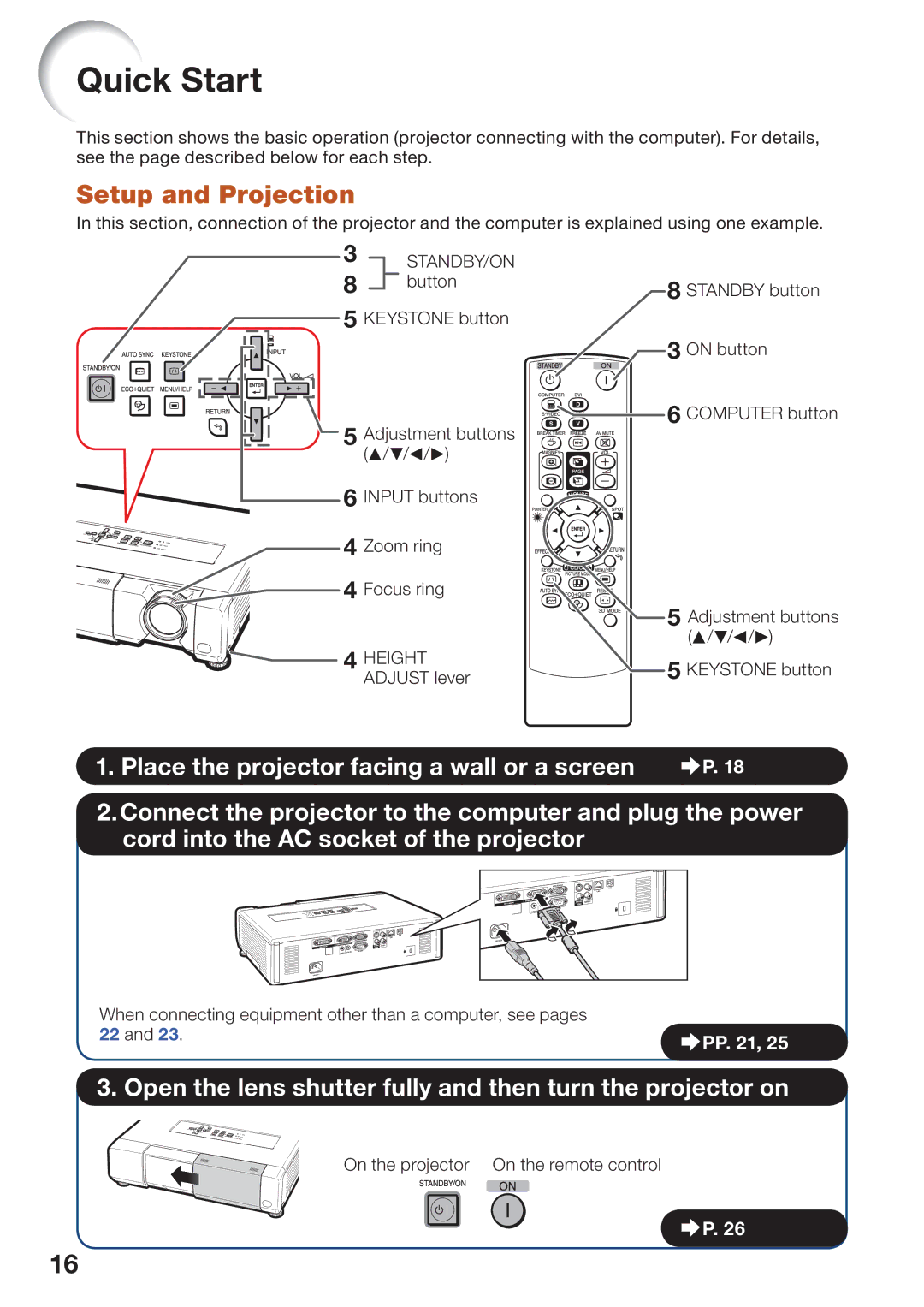 Sharp PG-D45X3D quick start Quick Start, Setup and Projection, Zoom ring Focus ring, Adjust lever 