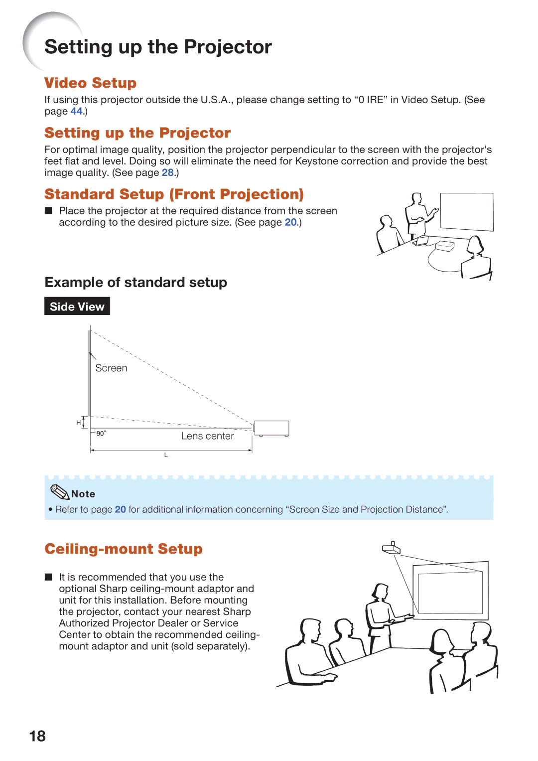 Sharp PG-D45X3D quick start Setting up the Projector, Video Setup, Standard Setup Front Projection, Ceiling-mount Setup 