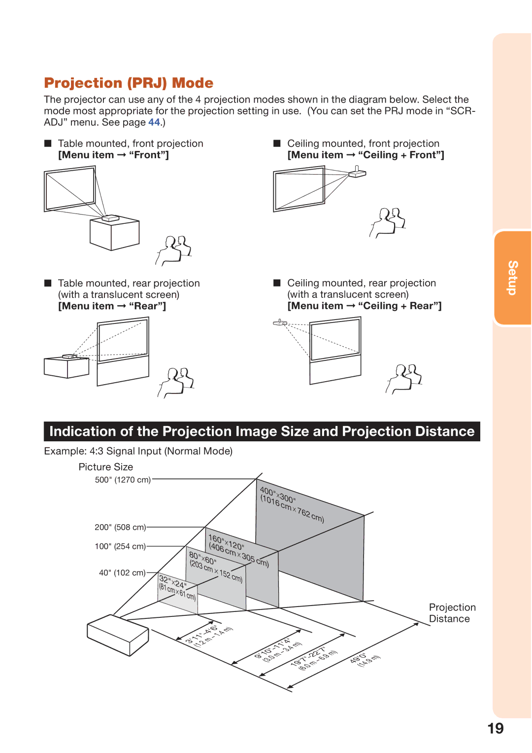 Sharp PG-D45X3D quick start Projection PRJ Mode, Example 43 Signal Input Normal Mode Picture Size, Distance 