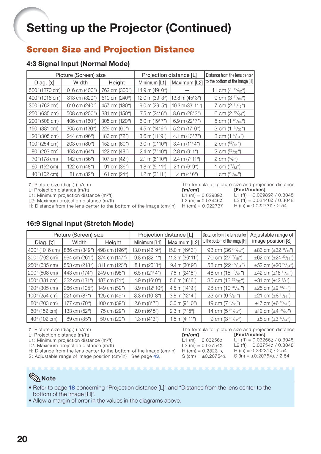 Sharp PG-D45X3D quick start Screen Size and Projection Distance, Signal Input Normal Mode, Signal Input Stretch Mode 