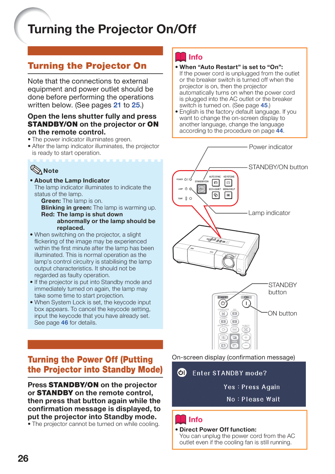 Sharp PG-D45X3D quick start Turning the Projector On/Off 