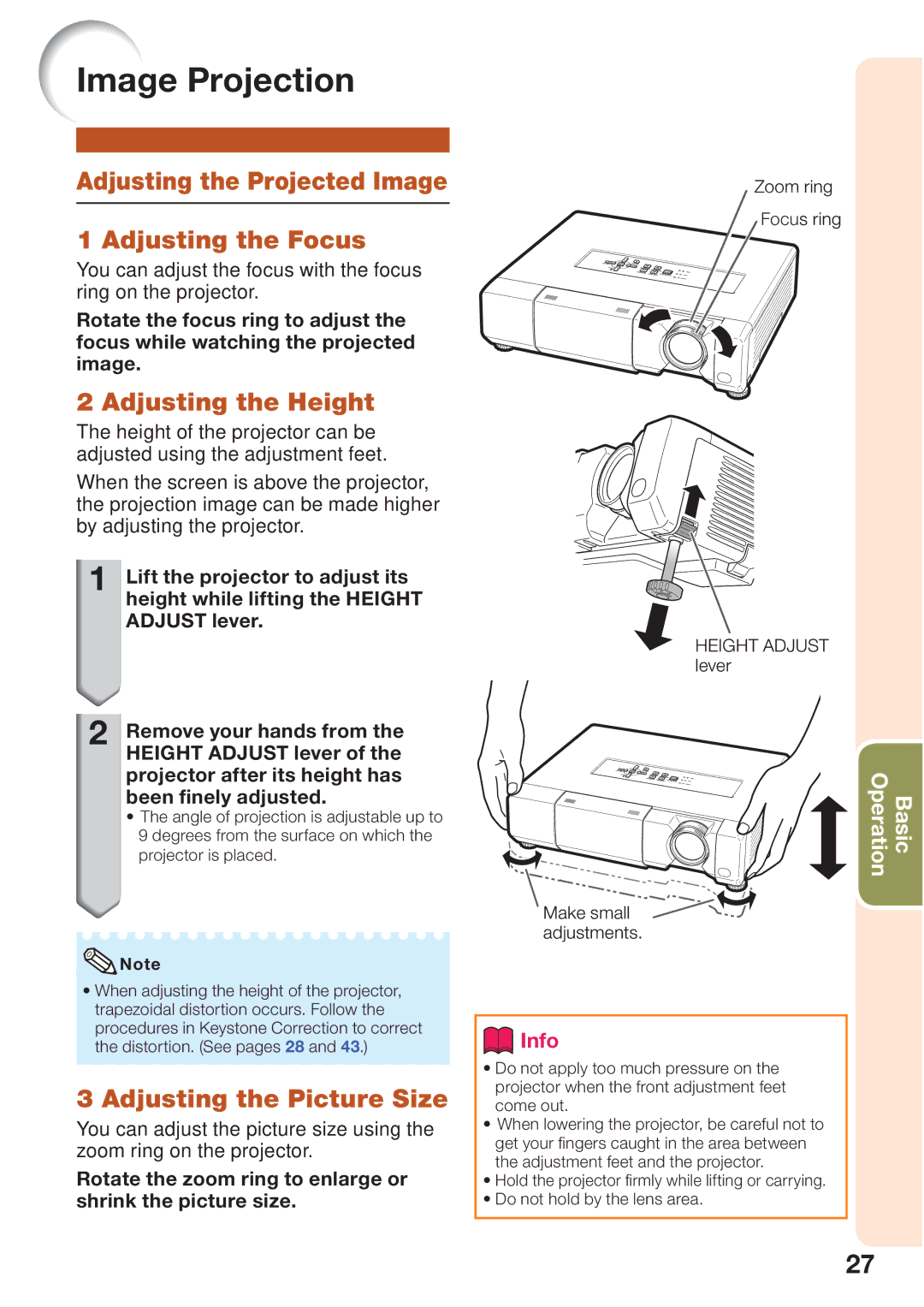 Sharp PG-D45X3D quick start Image Projection, Adjusting the Projected Image Adjusting the Focus, Adjusting the Height 