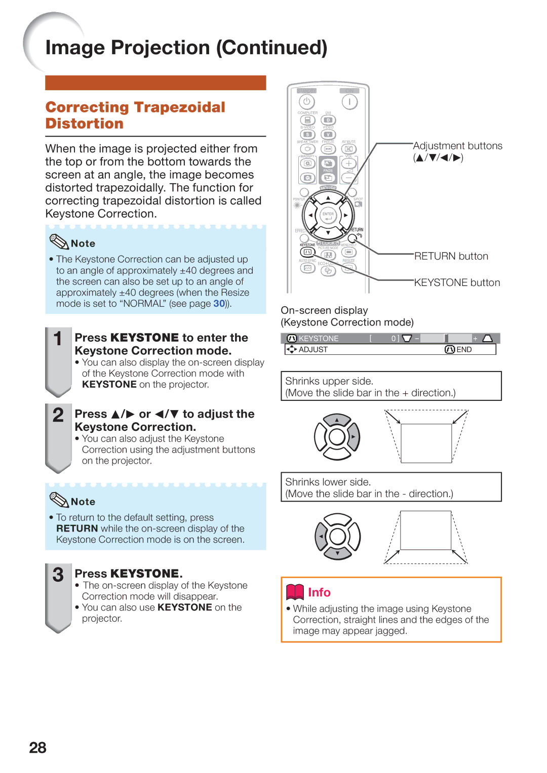 Sharp PG-D45X3D quick start Correcting Trapezoidal Distortion, Press Keystone to enter the Keystone Correction mode 