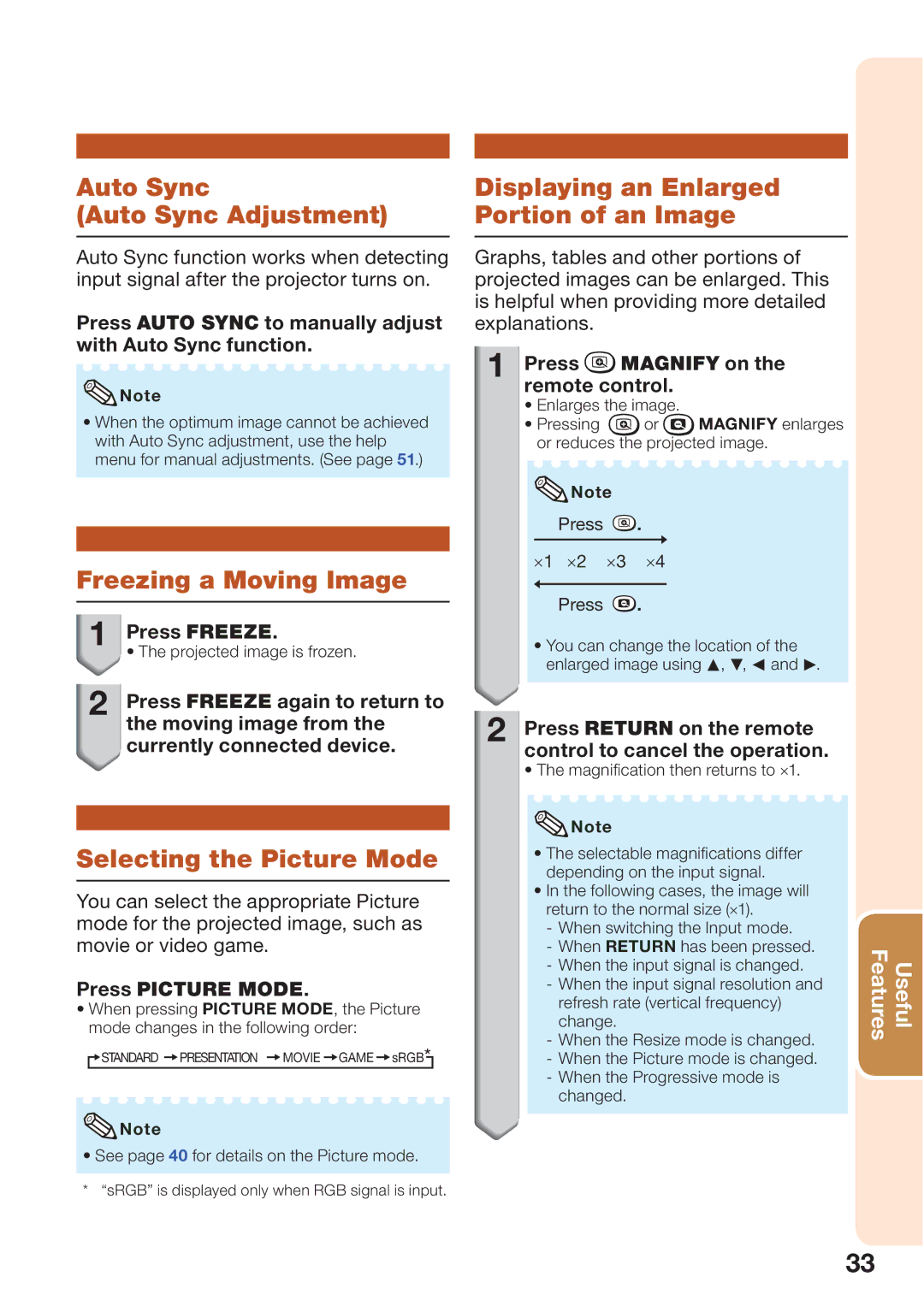 Sharp PG-D45X3D quick start Auto Sync Auto Sync Adjustment, Freezing a Moving Image, Selecting the Picture Mode 