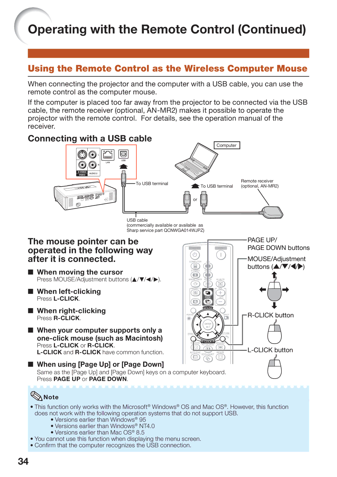 Sharp PG-D45X3D Using the Remote Control as the Wireless Computer Mouse, When moving the cursor, When left-clicking 