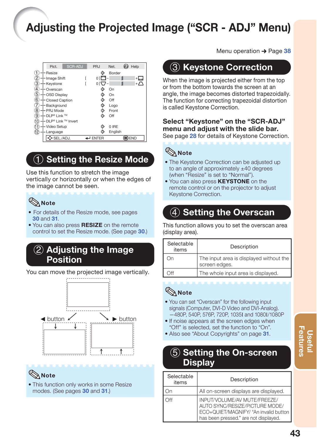 Sharp PG-D45X3D quick start Adjusting the Projected Image SCR ADJ Menu 