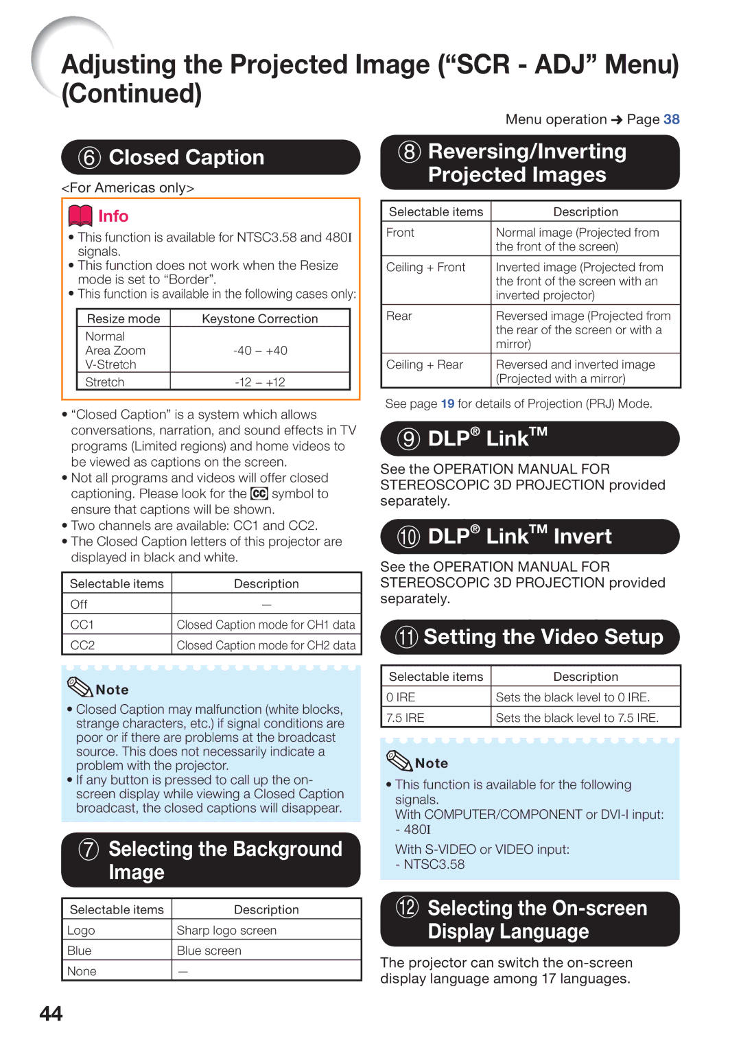 Sharp PG-D45X3D Closed Caption, Selecting the Background Image, Reversing/Inverting Projected Images, For Americas only 