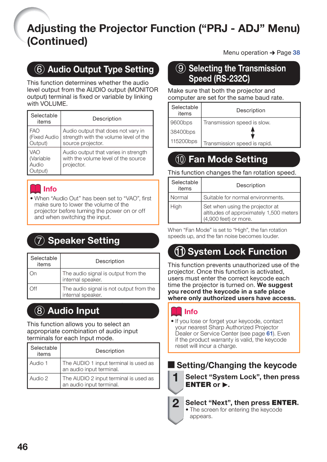 Sharp PG-D45X3D Audio Output Type Setting, Speaker Setting, Selecting the Transmission Speed RS-232C, Fan Mode Setting 