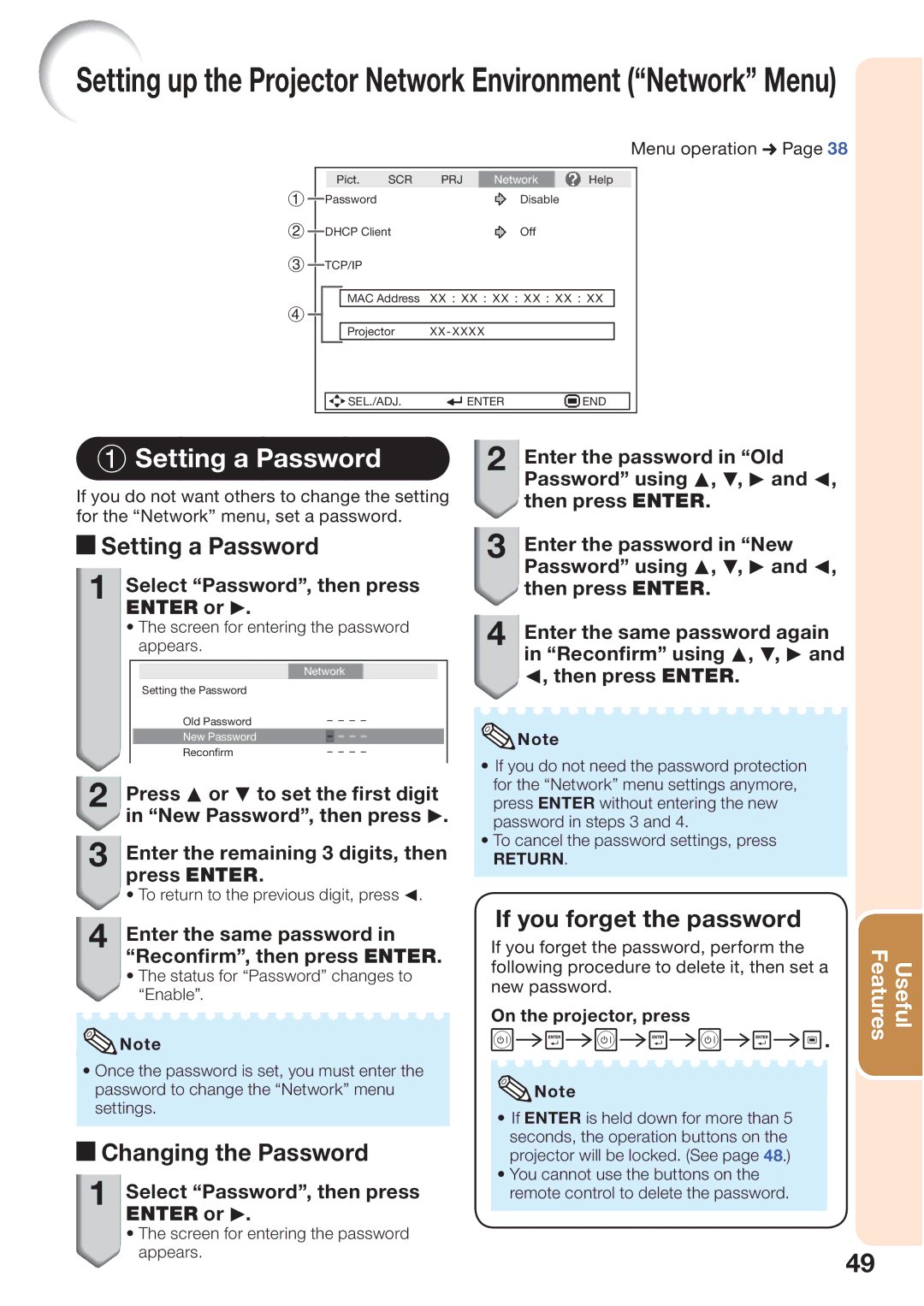 Sharp PG-D45X3D quick start Setting a Password, Select Password, then press Enter or Q, On the projector, press 