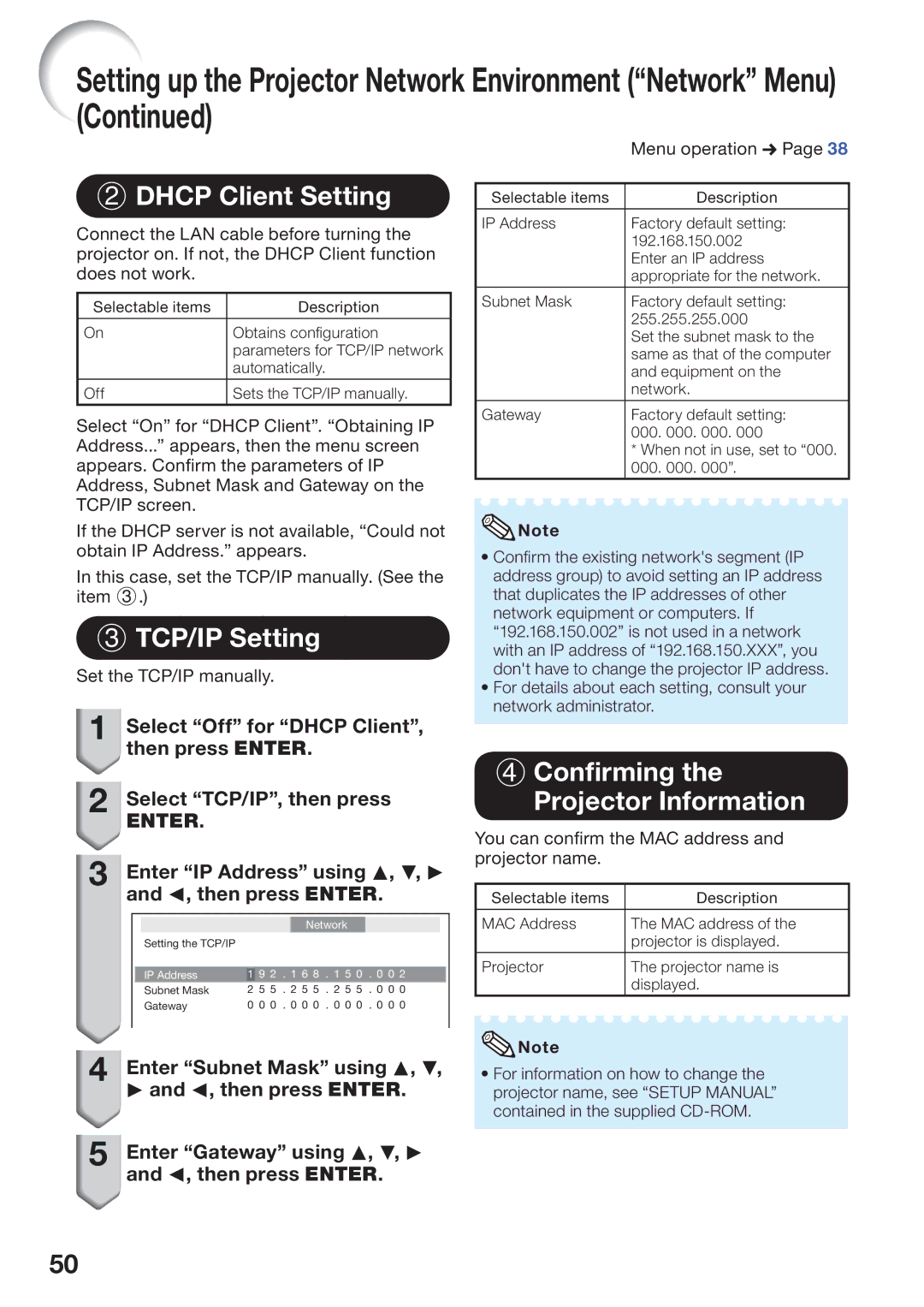 Sharp PG-D45X3D quick start Setting up the Projector Network Environment Network Menu, Dhcp Client Setting, TCP/IP Setting 