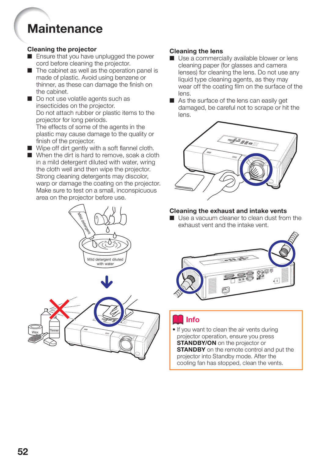 Sharp PG-D45X3D quick start Maintenance, Cleaning the projector, Cleaning the lens, Cleaning the exhaust and intake vents 