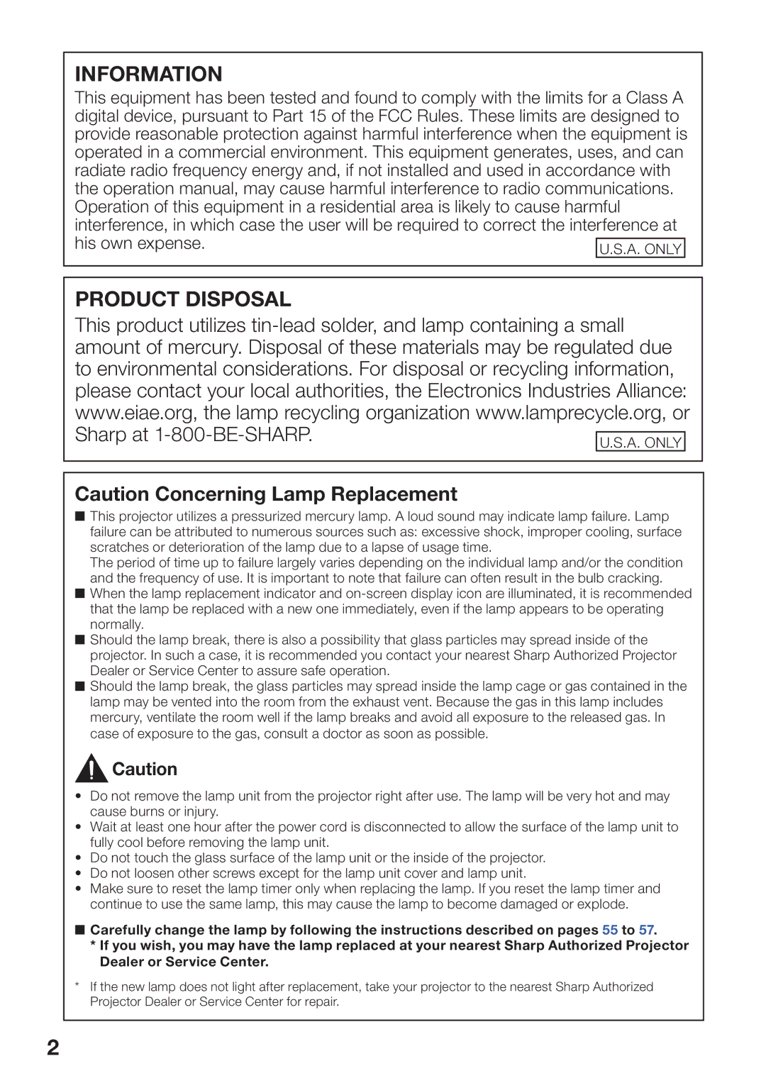 Sharp PG-D45X3D quick start Information Product Disposal 