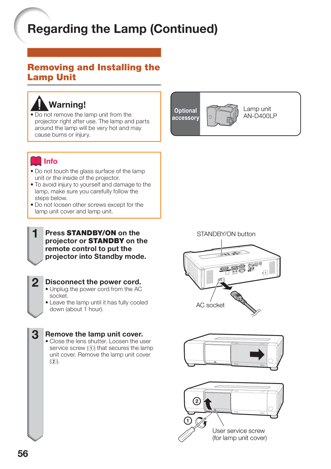 Sharp PG-D45X3D quick start Removing and Installing the Lamp Unit, Remove the lamp unit cover, Lamp unit 