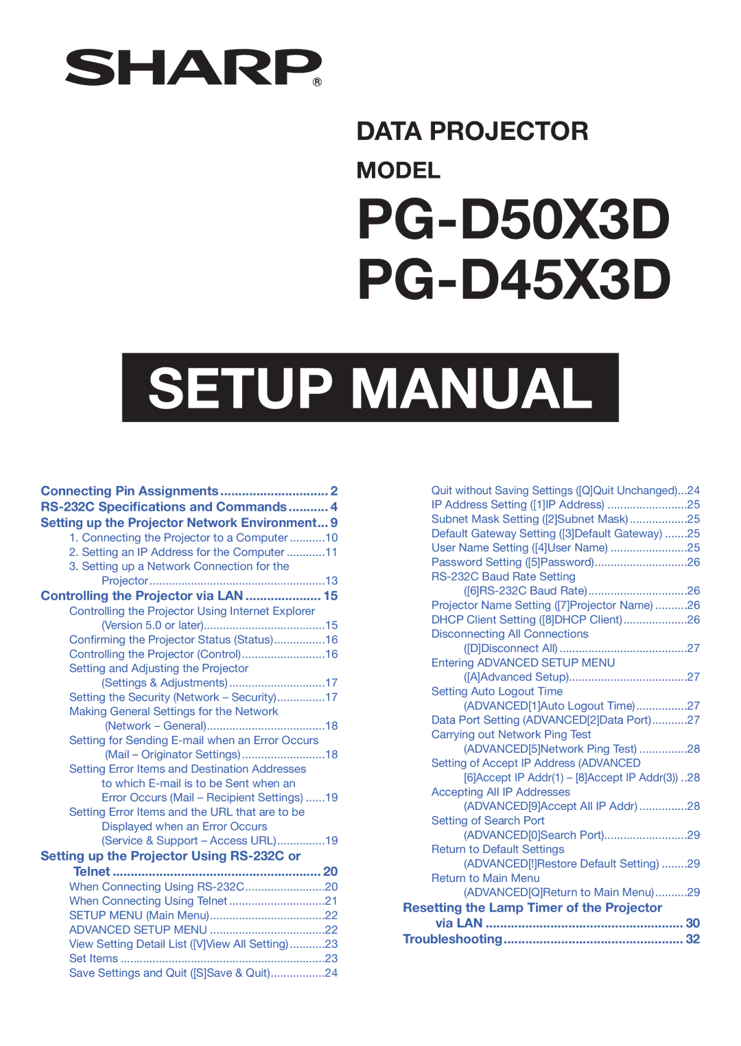 Sharp PG D45X3D, PG D50X3D specifications Setup Manual 