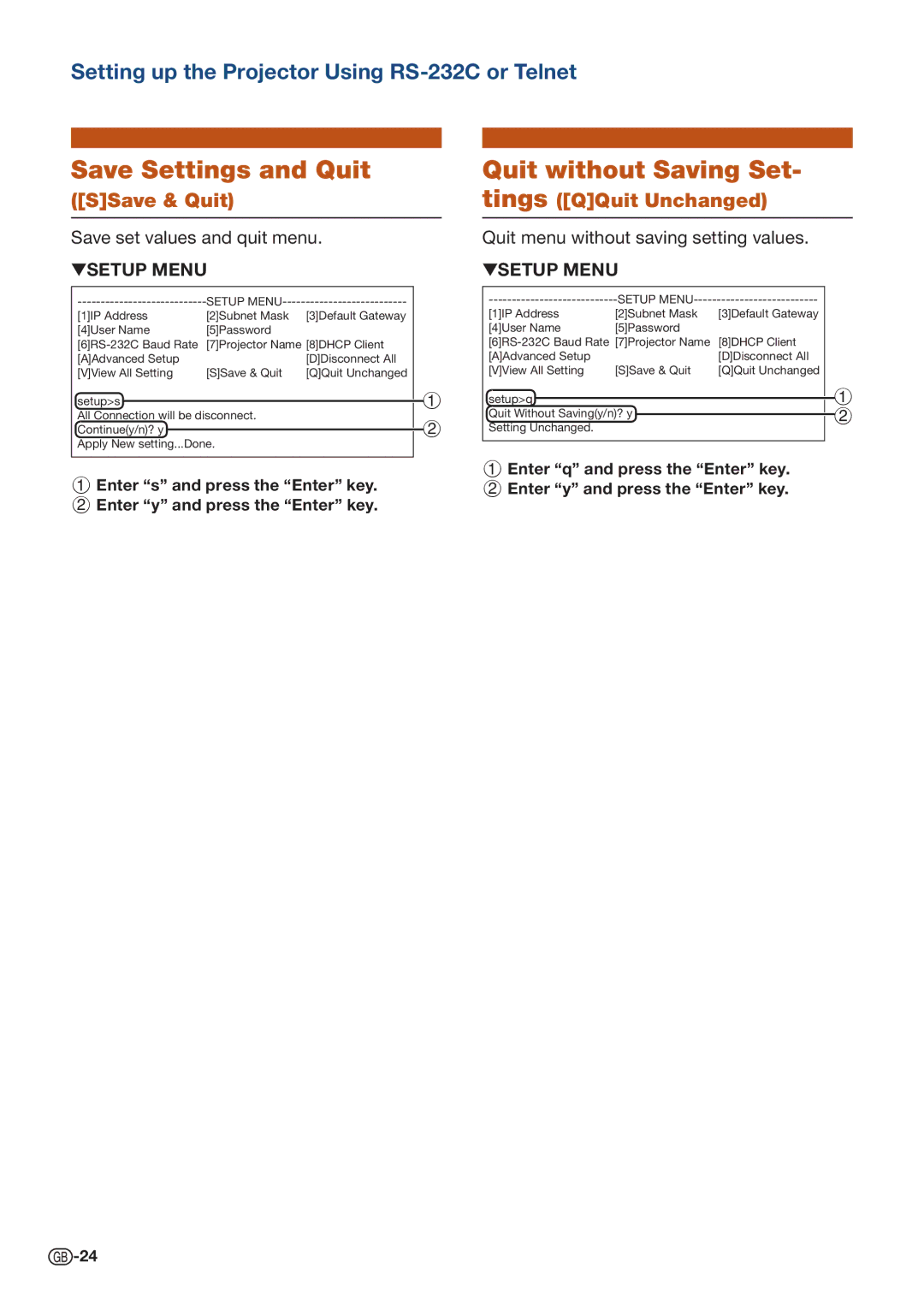 Sharp PG D50X3D, PG D45X3D Save Settings and Quit, Quit without Saving Set, SSave & Quit, Tings QQuit Unchanged 