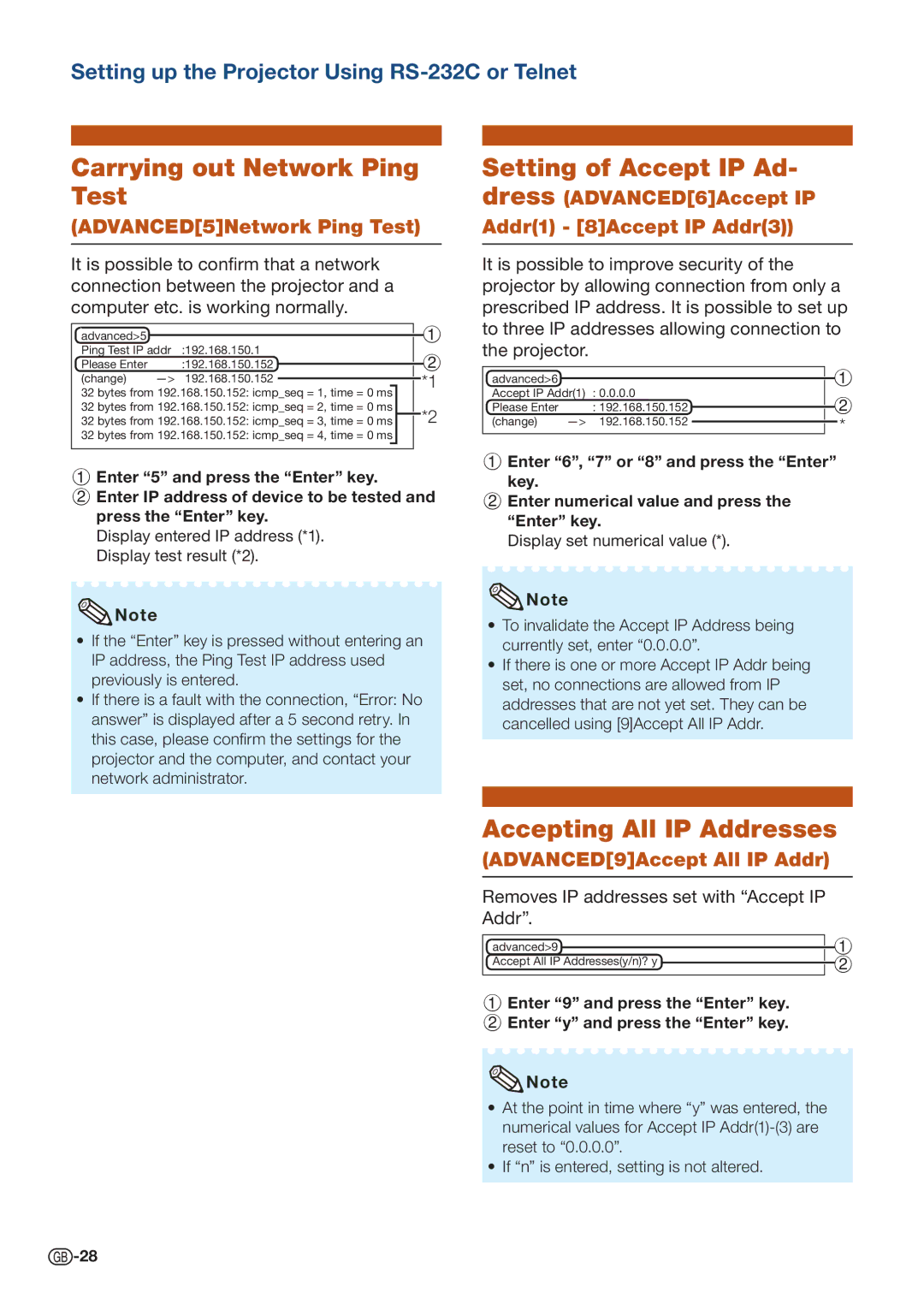 Sharp PG D50X3D, PG D45X3D Carrying out Network Ping Test, Setting of Accept IP Ad- dress, Accepting All IP Addresses 