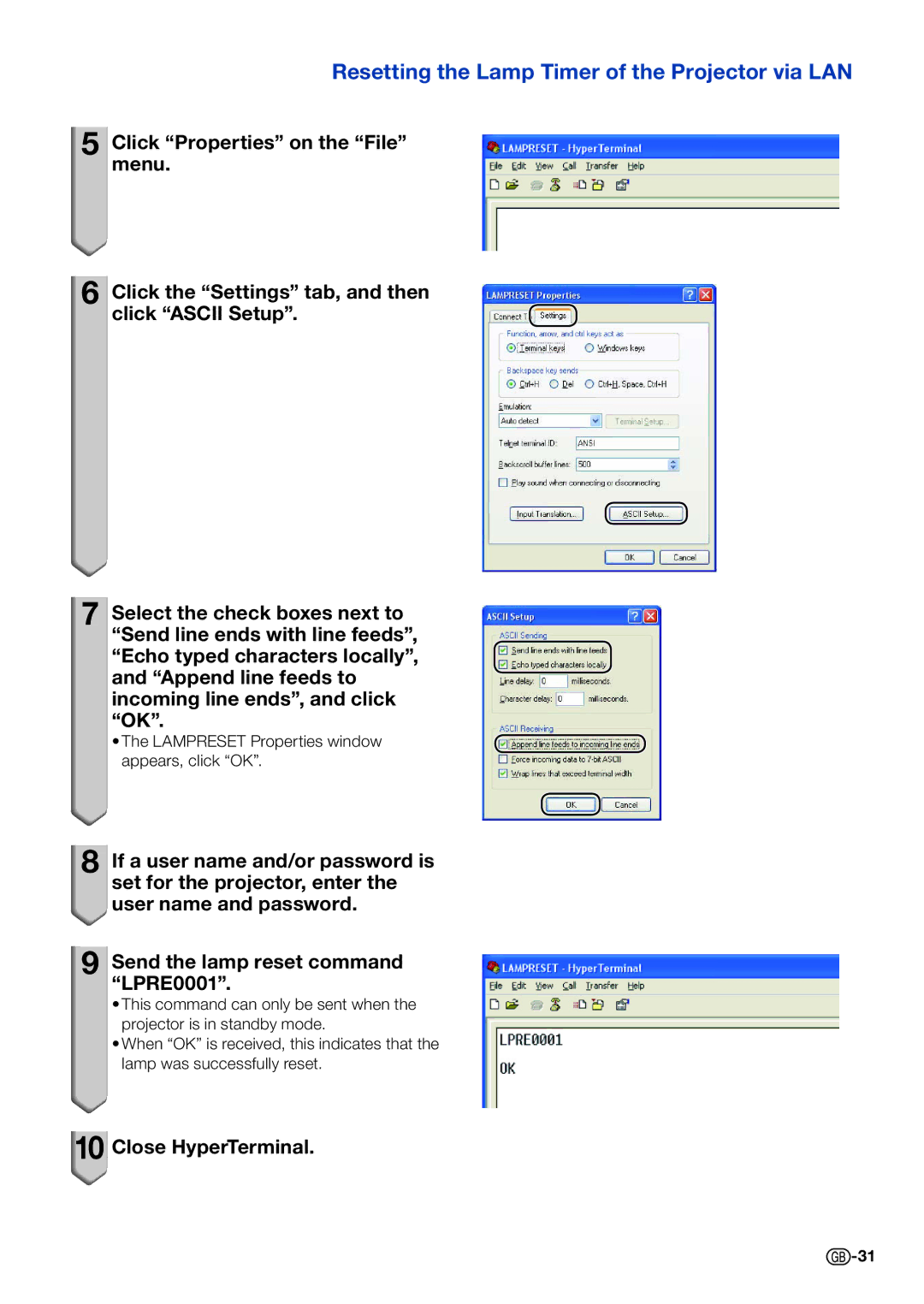 Sharp PG D45X3D, PG D50X3D specifications Resetting the Lamp Timer of the Projector via LAN 