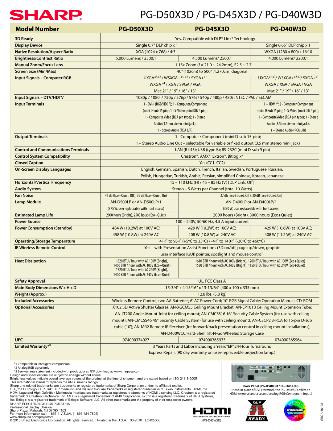 Sharp PG-D50X3D 3D Ready, Display Device, Native Resolution/Aspect Ratio, Brightness/Contrast Ratio, Screen Size Min/Max 
