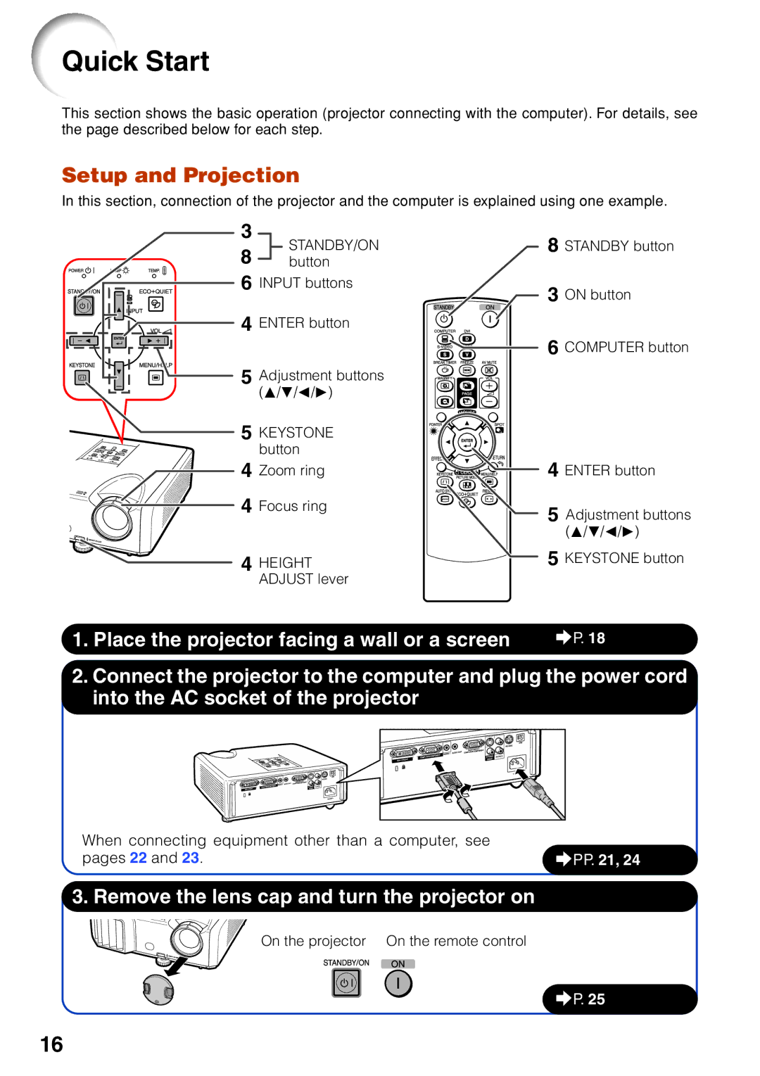 Sharp PG-F212X-L quick start Quick Start, Setup and Projection, Height 