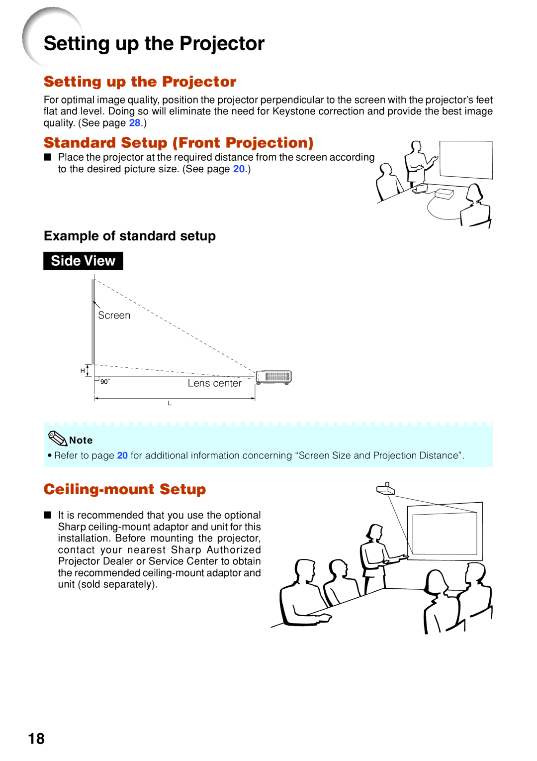 Sharp PG-F212X-L Setting up the Projector, Standard Setup Front Projection, Ceiling-mount Setup, Screen Lens center 