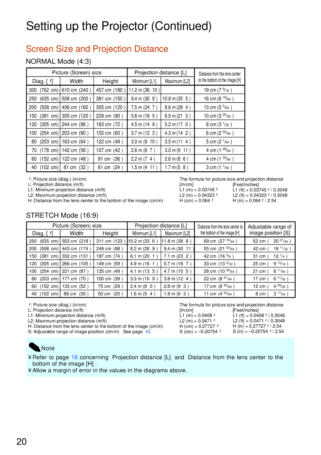 Sharp PG-F212X-L quick start Screen Size and Projection Distance, Normal Mode, Stretch Mode 