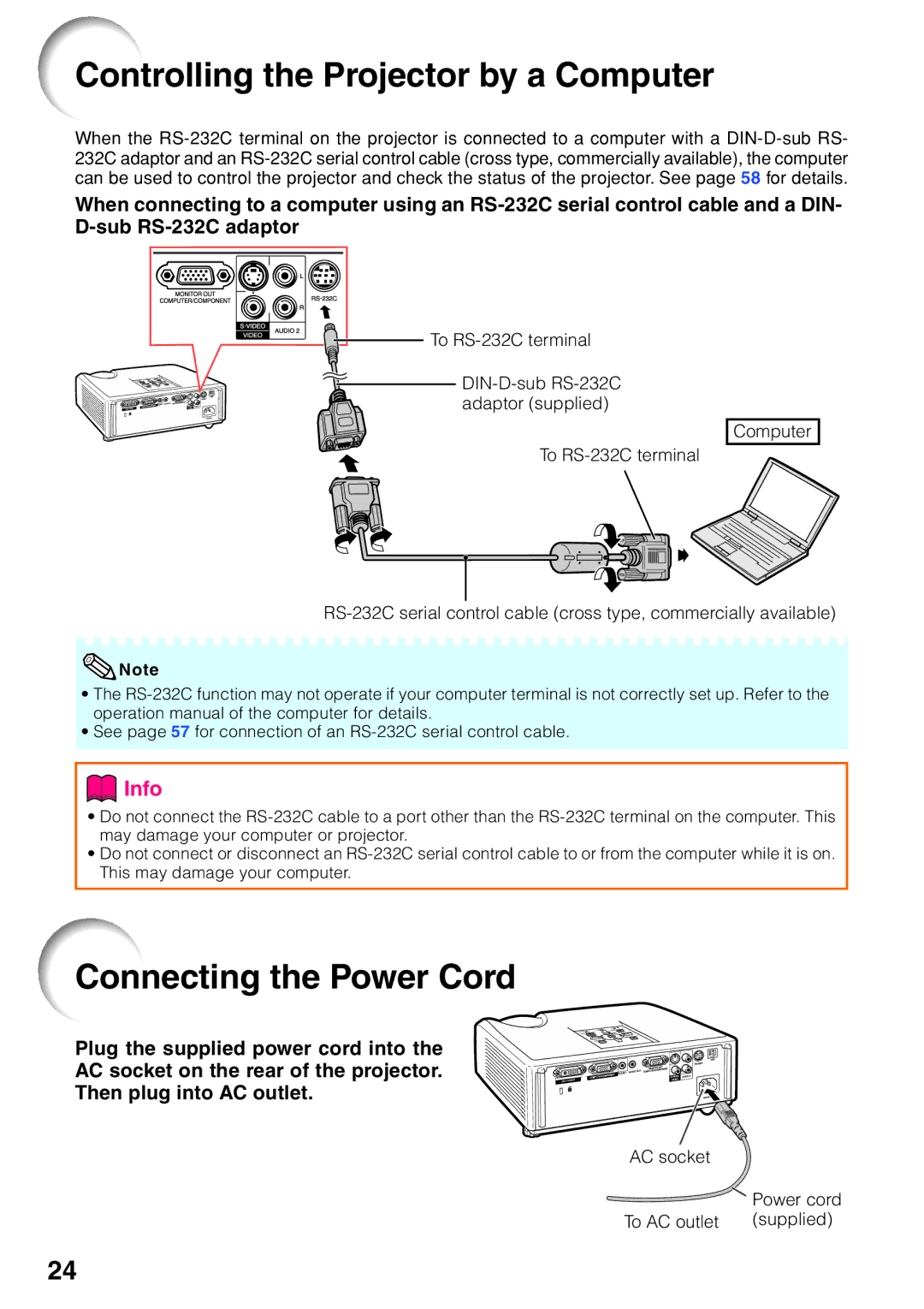 Sharp PG-F212X-L quick start Controlling the Projector by a Computer, Connecting the Power Cord 